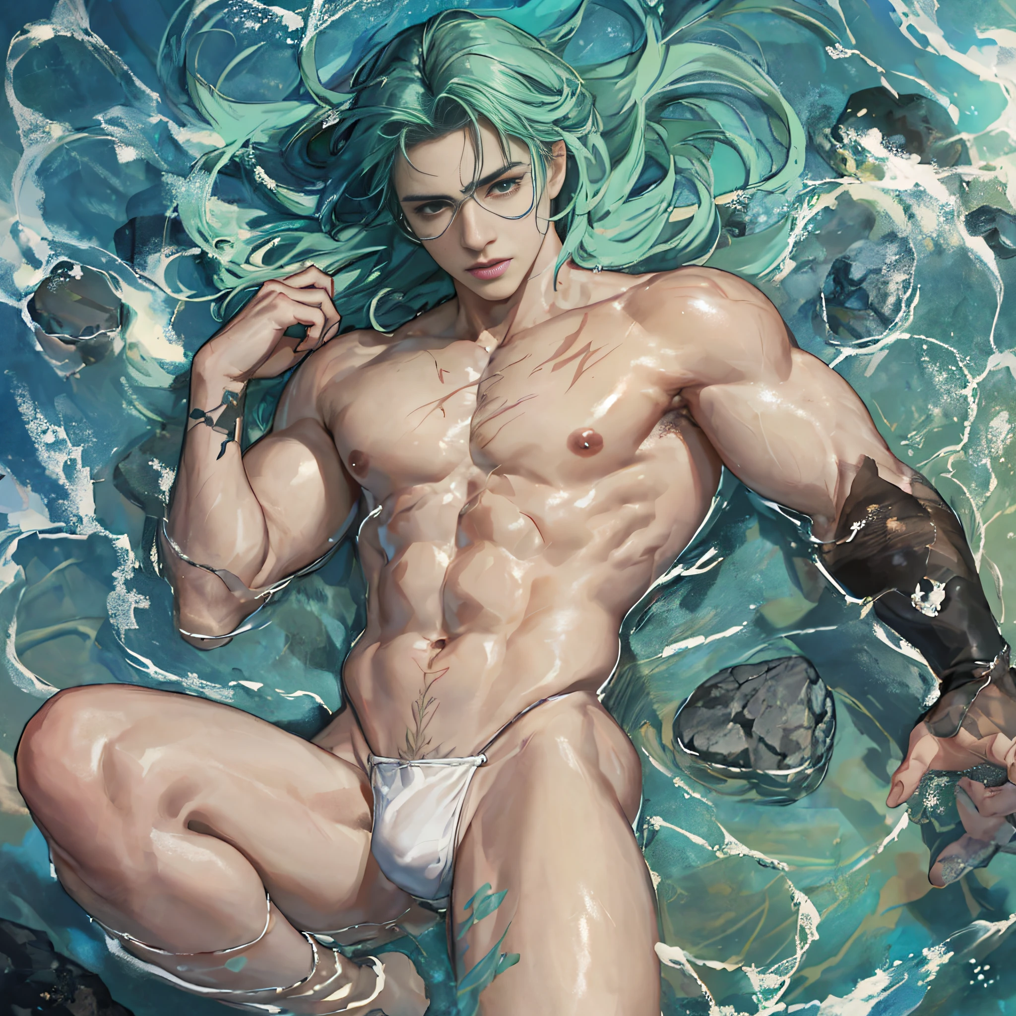 1boy, ((bara:1.5)), sport body, sexy, spread legs, detailed face, detailed hands, detailed legs, detailed fingers, detailed hair, detailed eyes, detailed skin, dynamic lighting, (detailed lighting:1.2), (detailed textures:1.3), (realistic lighting:1.2), realistic shadows, realistic skin, (photorealistic:1.4), 8k uhd, (hyper realistic), (photo realistic), (masterpiece), (best quality), body paint, small tiny black g-string, bare chest, flat chest, bare shoulders, small bulge, underwater, wide angle, swimming, athletic body, male, iridescent skin, perfect eyes, messy green hair , bio-luminescent