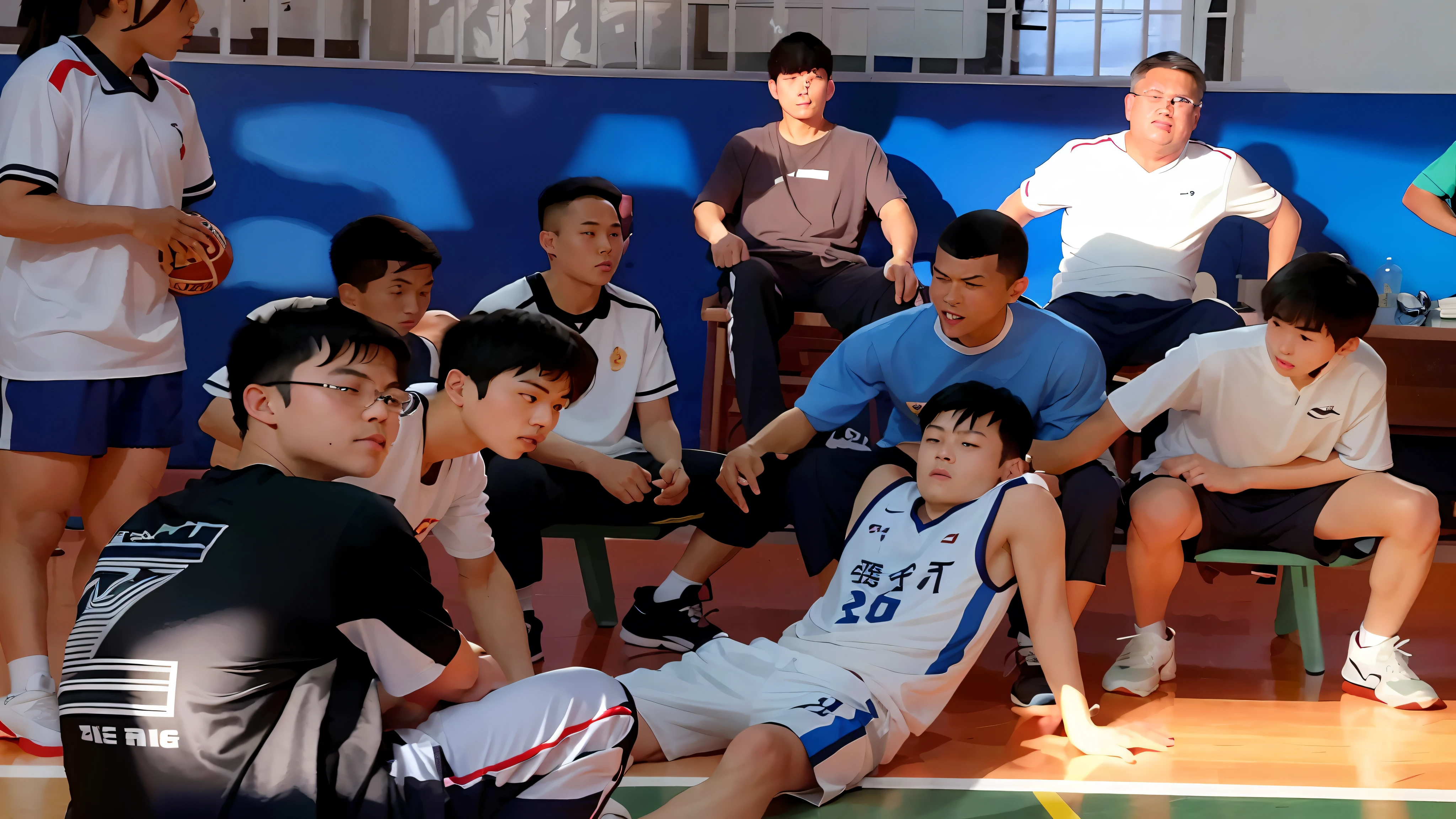 boys sitting on a bench watching a basketball game being played, inspired by Zou Yigui, nanquan, in the high school gym, jinyiwei, resting after a hard fight, inspired by Ding Guanpeng, inspired by Li Shixing, inspired by Ding Yunpeng, li zixin, inspired by Cao Buxing, playing basketball, wearing basketball jersey, centered shot