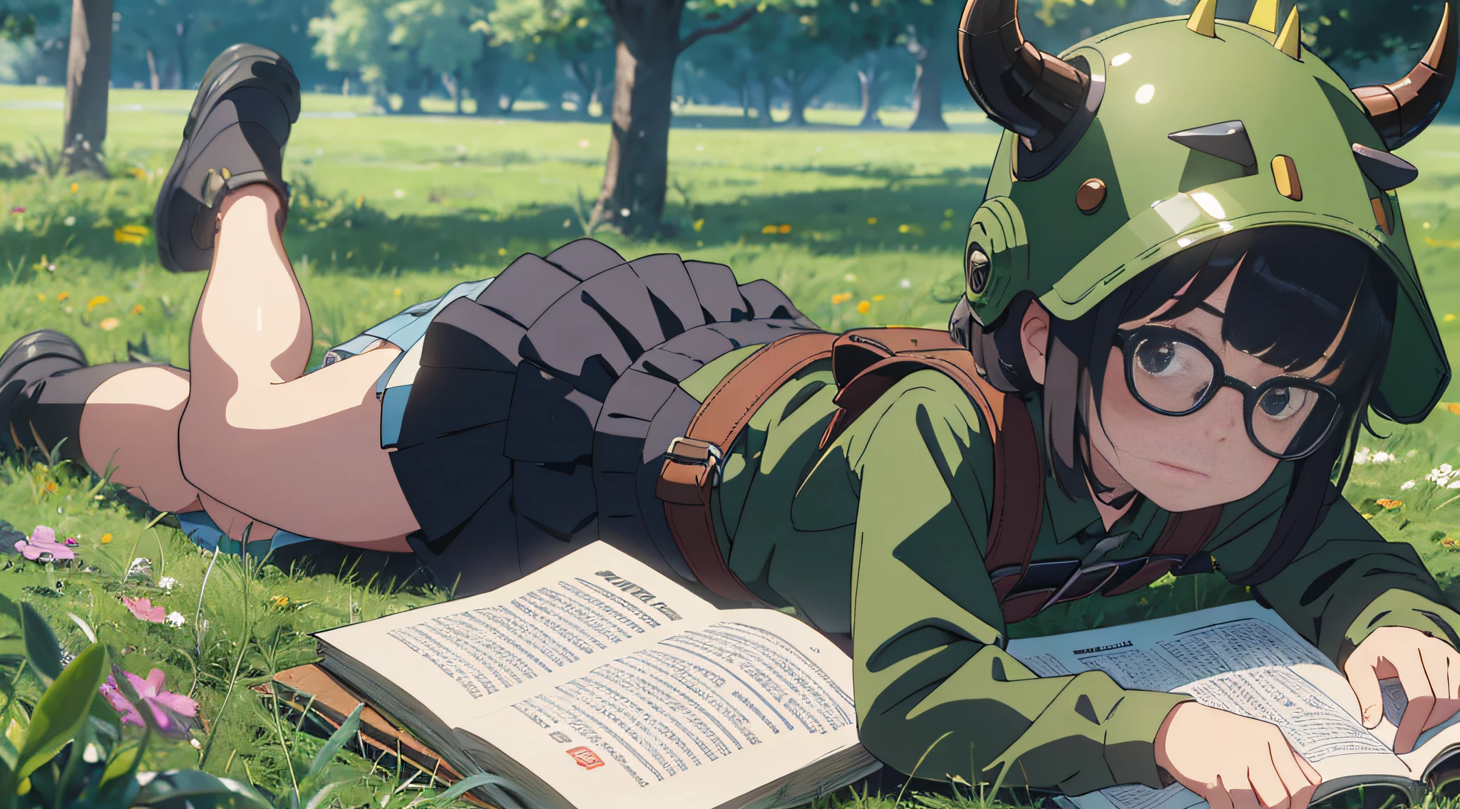Five-year-old girl wearing a bull demon helmet, carrying an olive green backpack, denim strap skirt, black-framed glasses, lying on the grass reading a villain book, full body shot, three views, Pux style-ar 16:9 --auto --s2