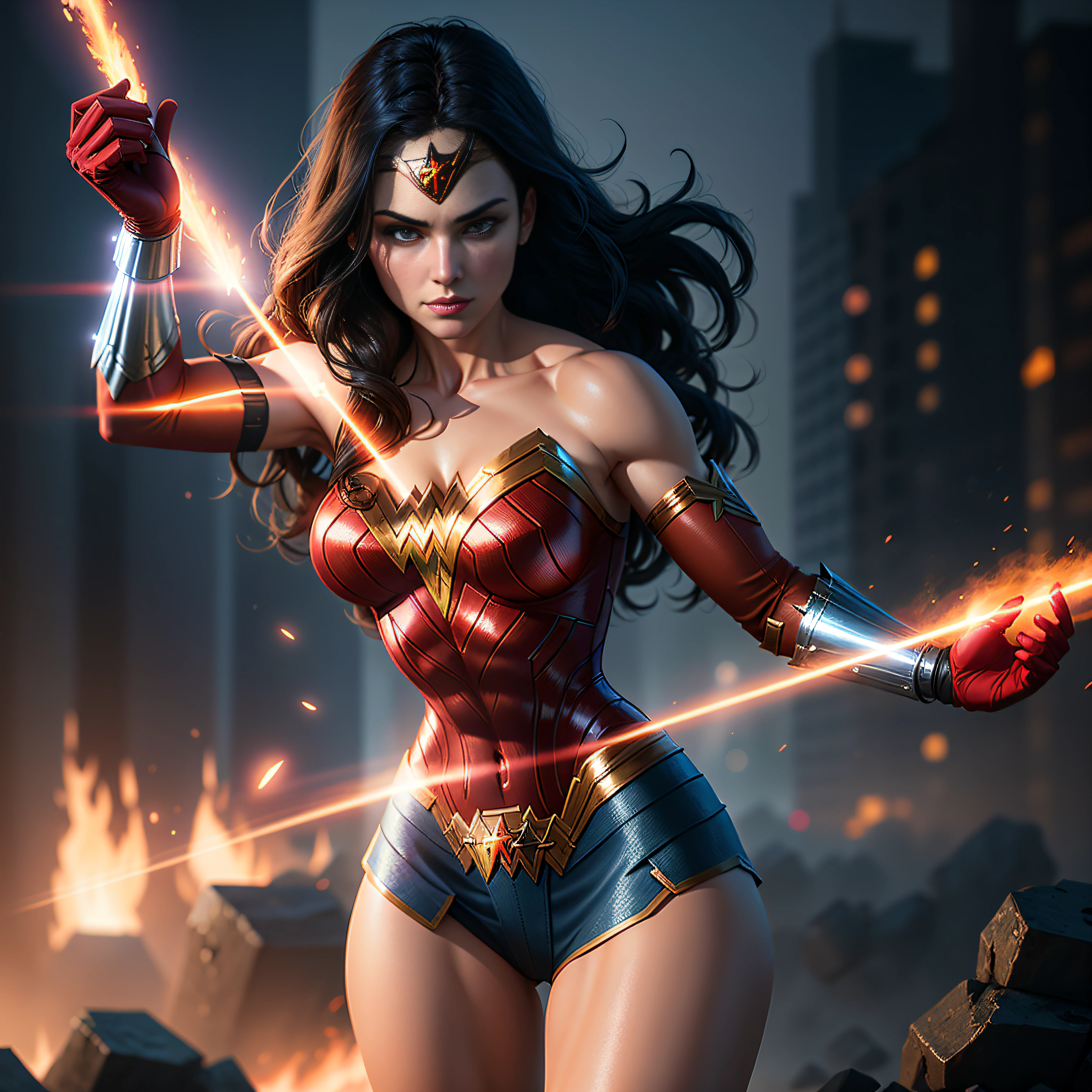 wonder woman, medium breasts, big ass, letting go of hands magic red, sexy, perfect body, ((original uniform)), fire involving character, cyberpunk, fitnes model, thin, back position, photography, diffuse side lighting, soft details, octane, artstation trend, luminous particles in the air, scary scenery, ultra high detail, ultra realistic, cinematic, dark scenery, fog at night, unreal engine, engine unreal engine, 16k, ((by Marvel))