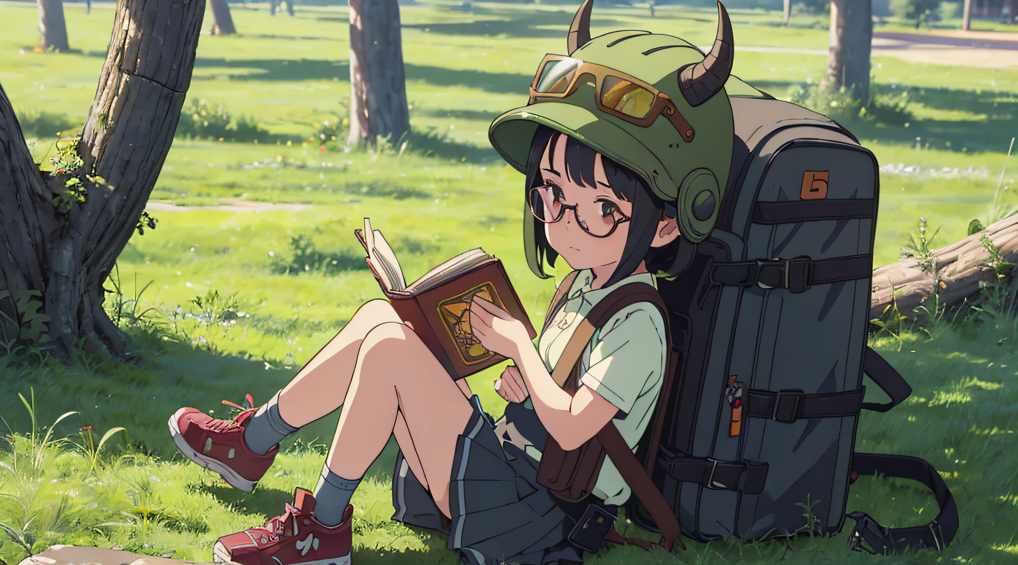 Five-year-old girl wearing a bull demon helmet, carrying an olive green backpack, denim strap skirt, black-framed glasses, lying on the grass reading a villain book, full body shot, three views, Pux style-ar 16:9 --auto --s2
