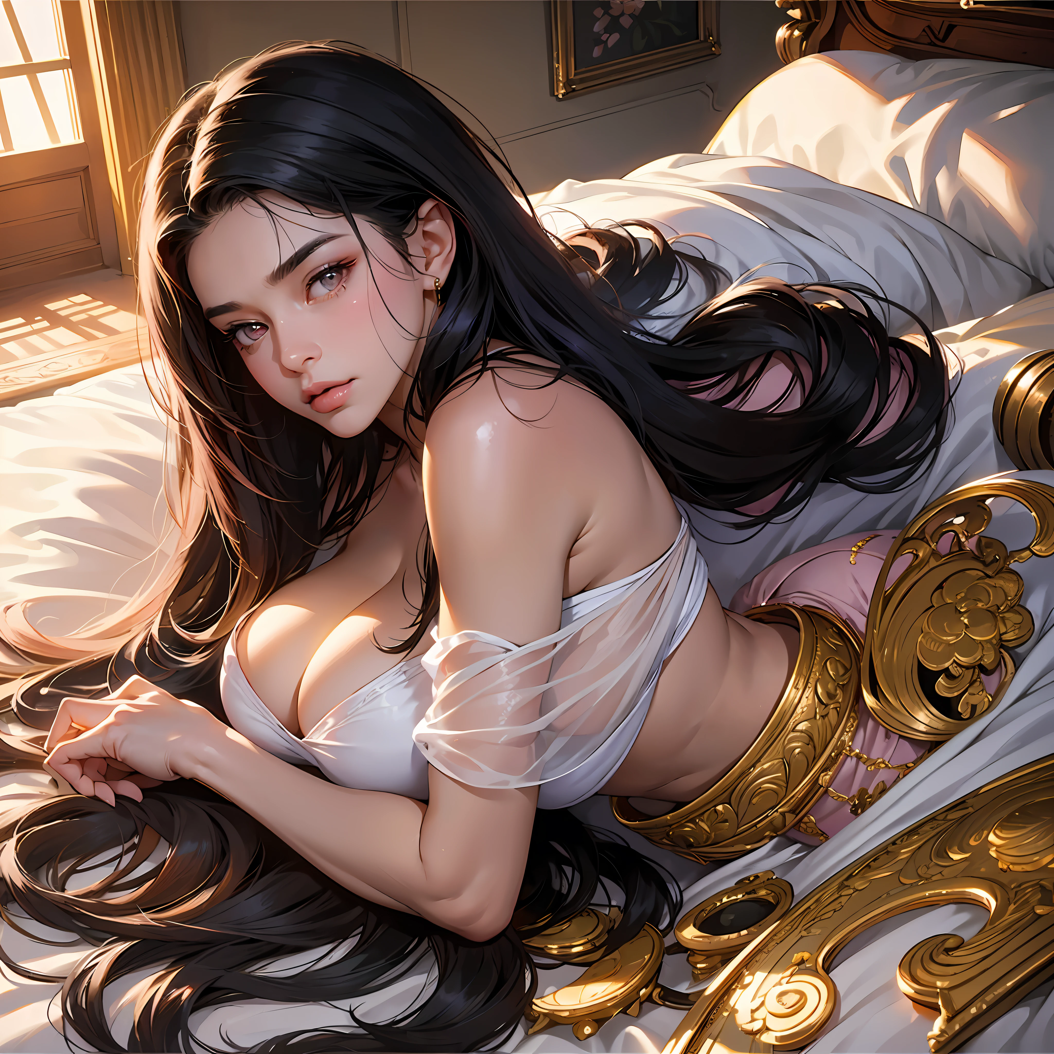 best quality, best resolution, masterpiece, ultra detailed, beautiful lady, black hair, long hair, golden eyes, pink lips, indoors, inside a room, sunlight, bright light, ashamed expression, large breasts, large hips, large buttocks, flowing hair, lying down on a bed, full body, frontal view, --auto --s2