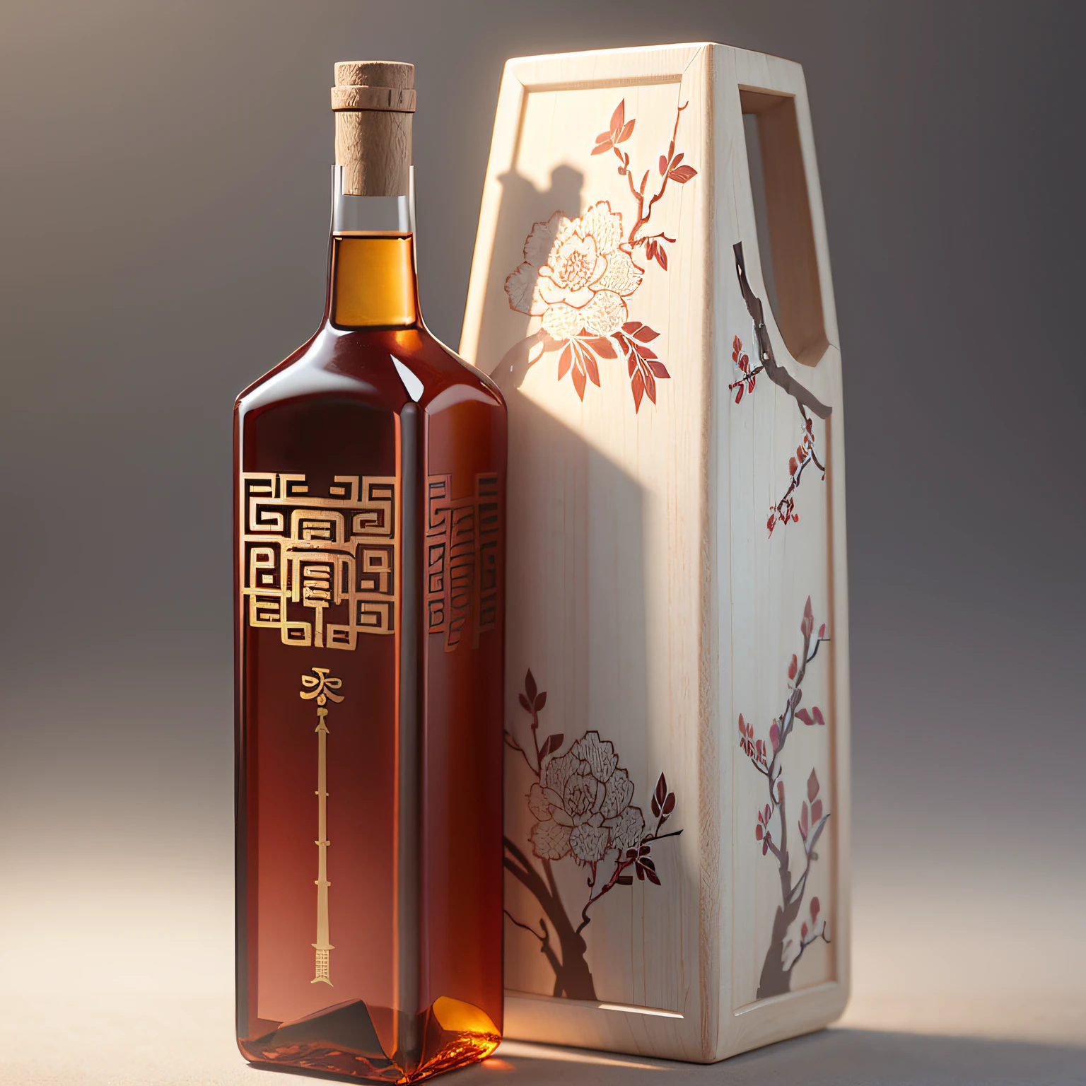 Square wine bottle, Chinese traditional liquor, bottle with traditional Chinese pattern, white background, OC rendering, Chinese elements --auto --s2