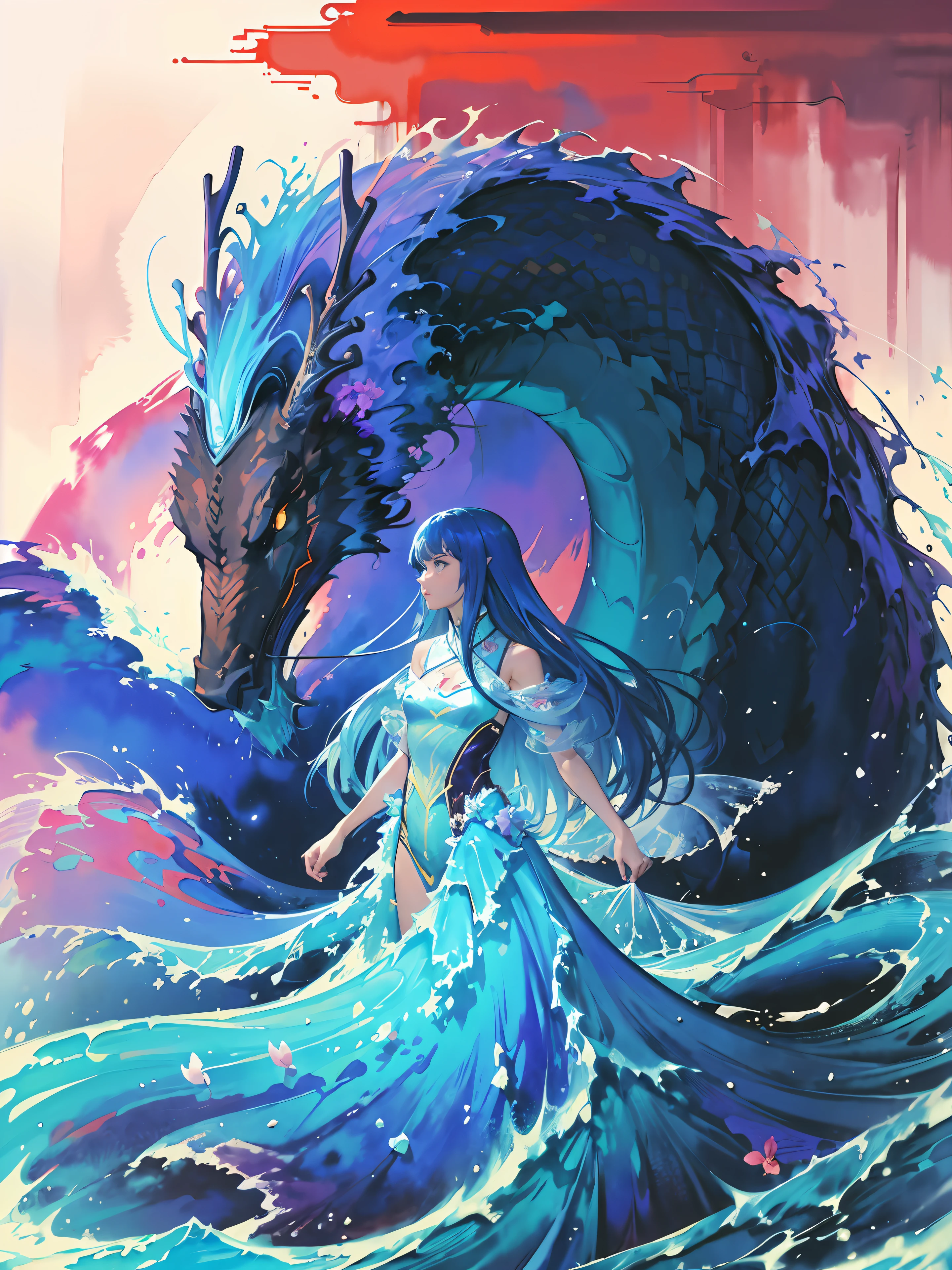 masterpiece, top quality, best quality,1girl, long hair, (glowing:1.15), (team:1.1), (flowers:1.15), (monarch:1.05),Long coat,surrounded by huge Chinese dragons,1girl,solo,light_blue_hair,liquid hair, long hair,floating hair, standing,sundress, liquid clothes, water,waves, tsunami,tide,sea,water dress,fantasy, high contrast,explosions, over exposure, purple and red tone impression , abstract, ((watercolor painting by John Berkey and Jeremy Mann )) brush strokes, negative space,