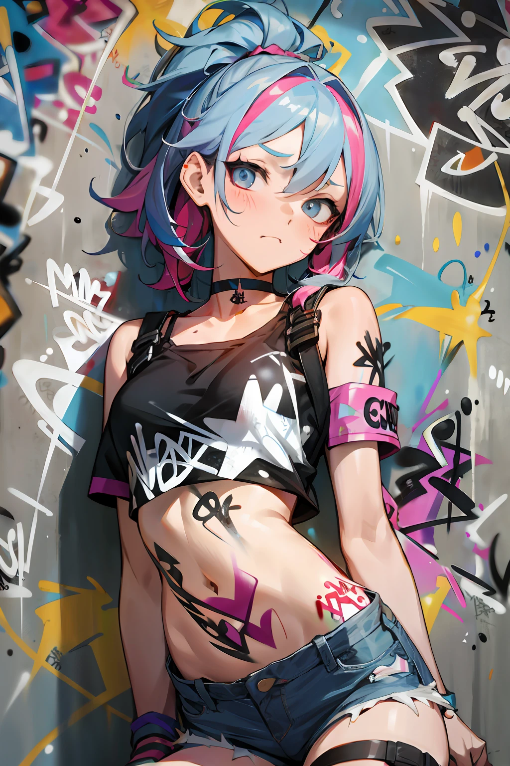 absurdres, best quality,1girl, solo, streaked hair, crop top, denim shorts, choker, (graffiti:1.5), paint splatter, arms behind back, (slouching), leaning back, against wall, (leaning to the side:0.25), looking at viewer, armband, thigh strap, streaked hair, paint on body, upturned eyes, head down, head tilt, (from side:0.75), bored, (expressionless:0.75)