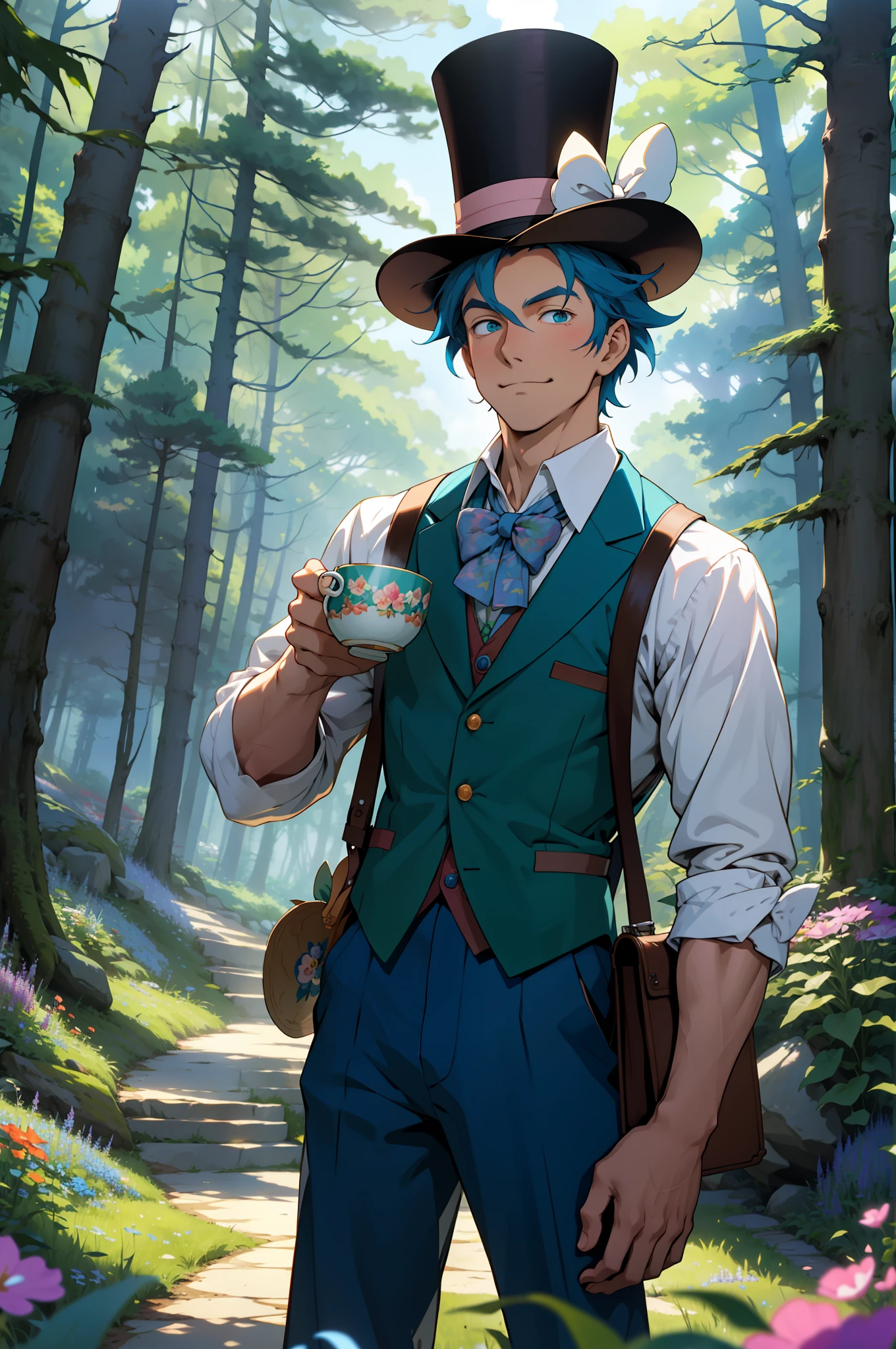 A whimsical Mad Hatter from Alice in Wonderland, reimagined in the style of a Studio Ghibli anime movie. He's standing in a lush, forest clearing, surrounded by bright, colorful wildflowers. In one hand, he holds a steaming cup of tea, and with the other hand, he tips his top hat in greeting.