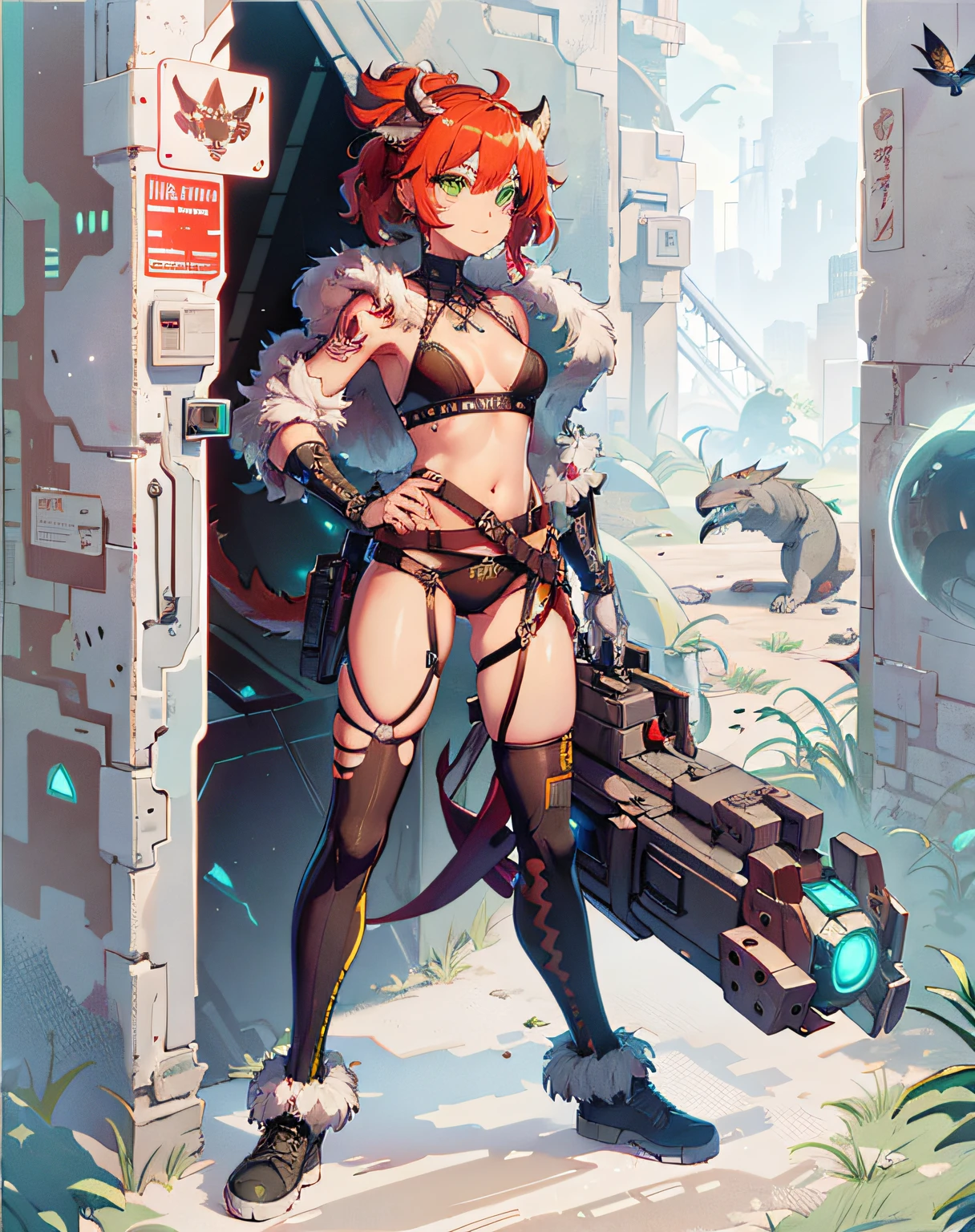 neat face, cyberpunk, armor in the style of Horizon Zero Dawn, Red-haired girl, neat green eyes, pigtails, a wreath of fiery horns on her head, barbarian, a huge techno cannon in her hands, a huntress, bones on the body, insect plates, chitin, fur, small bones, light bones and red fur on the shoulders, dark leather stockings made of strips of cut skin on the legs, ropes and light bones on the body, thin panties, a small bra made of bones, bright red hair, jewelry made of horns, a fur gun. Instead of underpants, rope, bones and chitin, fur shoulder pads and with chitin, a tail of hair on the back of the head, a short haircut, a bionic cannon in the form of the mouth of a wolf, shark, dragon look up. The girl has green eyes, a playful look, a good-natured smile, a neat nose, tight panties, tight thongs, mini-underwear, leaky underwear, torn fabrics, a lot of torn fabrics, a lot of holes in fabrics, a cannon with a monster's head, a cannon barrel in the form of a monster, a flame bursts out of her mouth, a portal in a cannon. The girl has short hair, a ponytail at the back is short and looks up, fur shoulder pads, a jacket on the shoulders, a torn bra, the pubis is open, diagonal straps all over the body, powerful energy escapes from the open toothy mouth of a cannon, a bird's skull on a girl's belly, tattoos, vertebrae on the edges of stockings, cyberpunk, ethnic style of clothing, vintage clothes, worn, prehistoric style, prehistoric jacket, elbow pads made of insects, chitinous cannon, bionic cannon, torn jacket sleeves, chitinous plates on the jacket, flame flashes, cyberpunk, the whole cyberpunk style, a lot of technology, technologies of the future, futurism, science fiction, fantasy, wildness, sexuality, emphasized eroticism, cold lighting, flames from everywhere, a lot of fire, bones on the shoulders, small details on the shoulders, a skull on the belt, the girl has curly hair, tattoos on her face, maximum nudity, diagonals, caveman, prehistoric image,