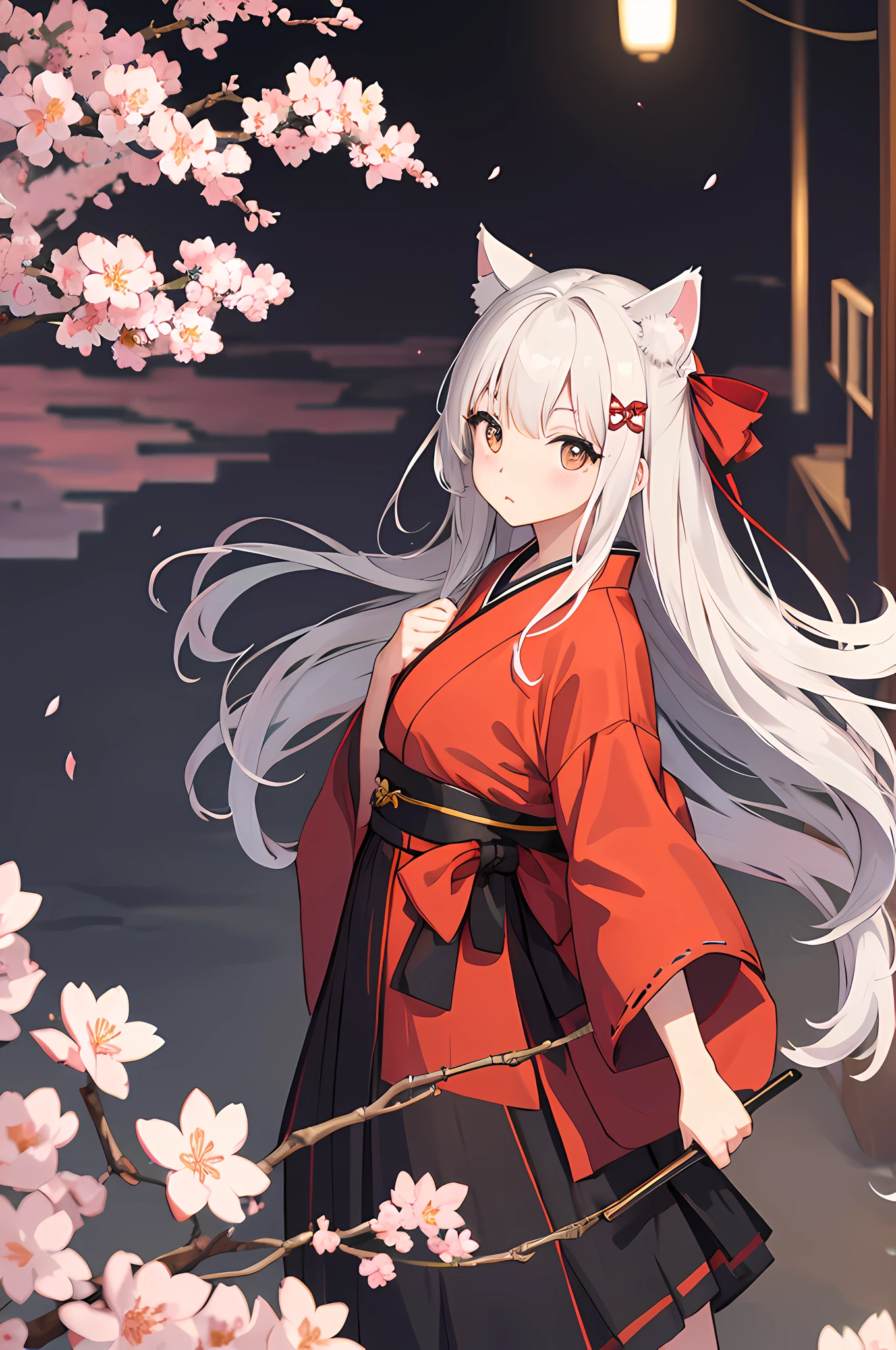(8k, highest quality, masterpiece: 1.2), anime, illustration, super detail, highest quality, super high resolution, mysterious, black eyes, gray hair, cat ears, solo focus, masterpiece, best quality, priestess, hakama skirt, alone, 16 years old, japanese style, Japan, cool, cherry blossom, skirt, long hair, red cheeks, standing figure, night, lower angle, hair ornament ribbon, eyes high resolution