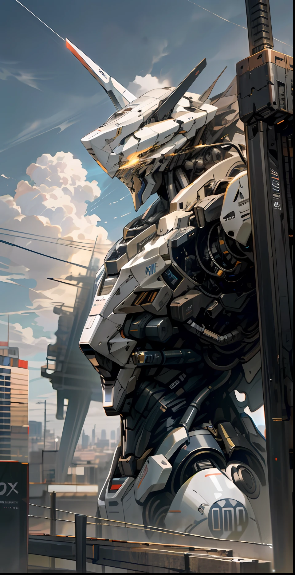 ((Best quality)), ((masterpiece)), (highly detailed:1.3),sky, cloud, holding_weapon, no_humans, glowing, , robot, building, glowing_eyes, mecha, science_fiction, city, realistic,mecha, 8k