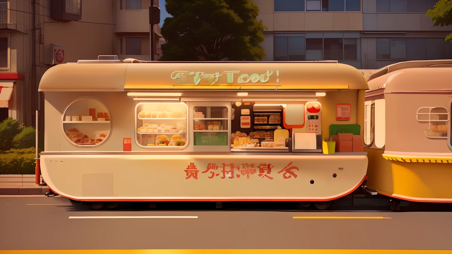 there are two food carts that are parked on the side of the road, lofi artstyle, in style of atey ghailan, by Atey Ghailan, no type, kawaii hq render, food stall, inspired by Atey Ghailan, diner, stylized, lofi aesthetic, ❤🔥🍄🌪, trending on cgstation