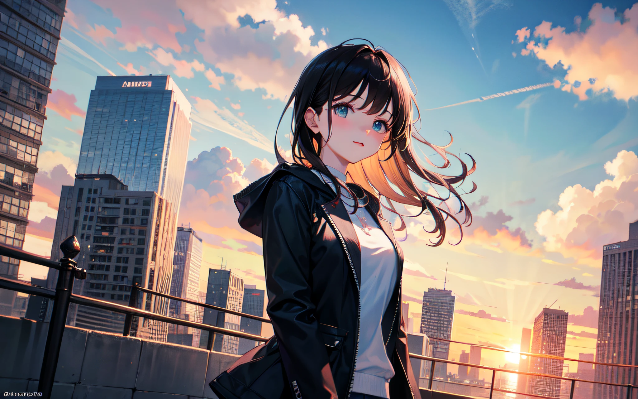 masterpiece, best quality,8k,1girl, beautiful detailed light,beautiful detailed shadow,((beautiful detailed cloud)),road,skyscraper,dynamic angle,sun set