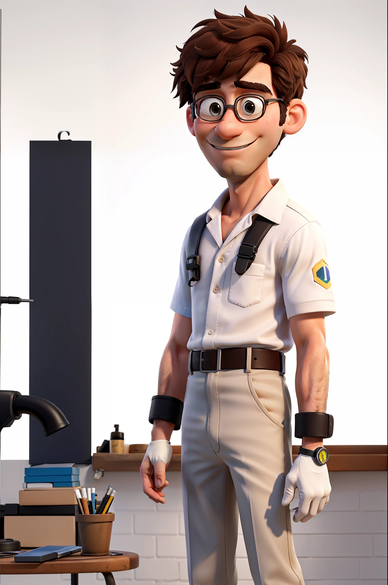 Masterpiece, best quality, an adult male, chemical worker, wearing a smart bracelet on white background