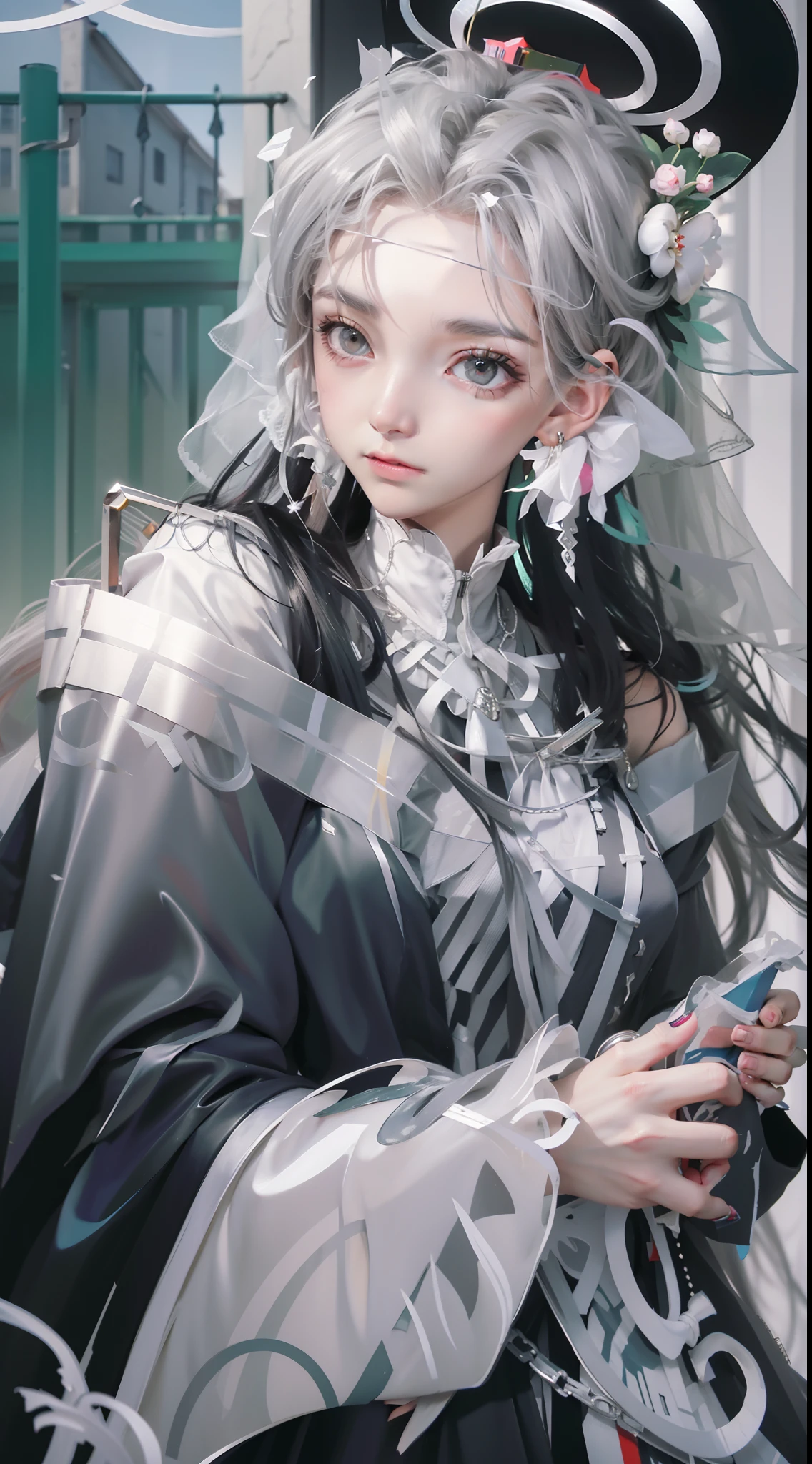 Wearing veil, gray veil, white hair, gray white, Guvez art style, arrogant and indifferent girl, half-squinted, white eyeballs, white eyes, national style, gray white, 4k, 8k rendering, real light and shadow, colorful, high quality, ethnic style, pure white background, silver jewelry on the head, Miao clothing