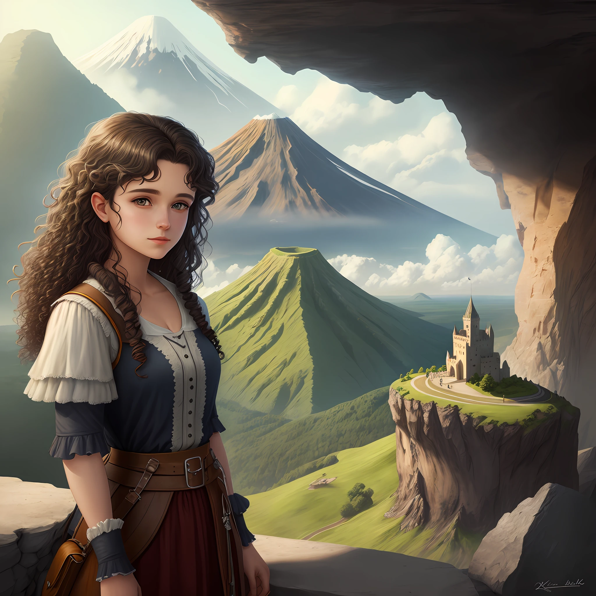 Drawing, fantasy, realism, high detail, rock, cliff, castle, girl 26 years old with curly brown hair, looking at the volcano, 8kk