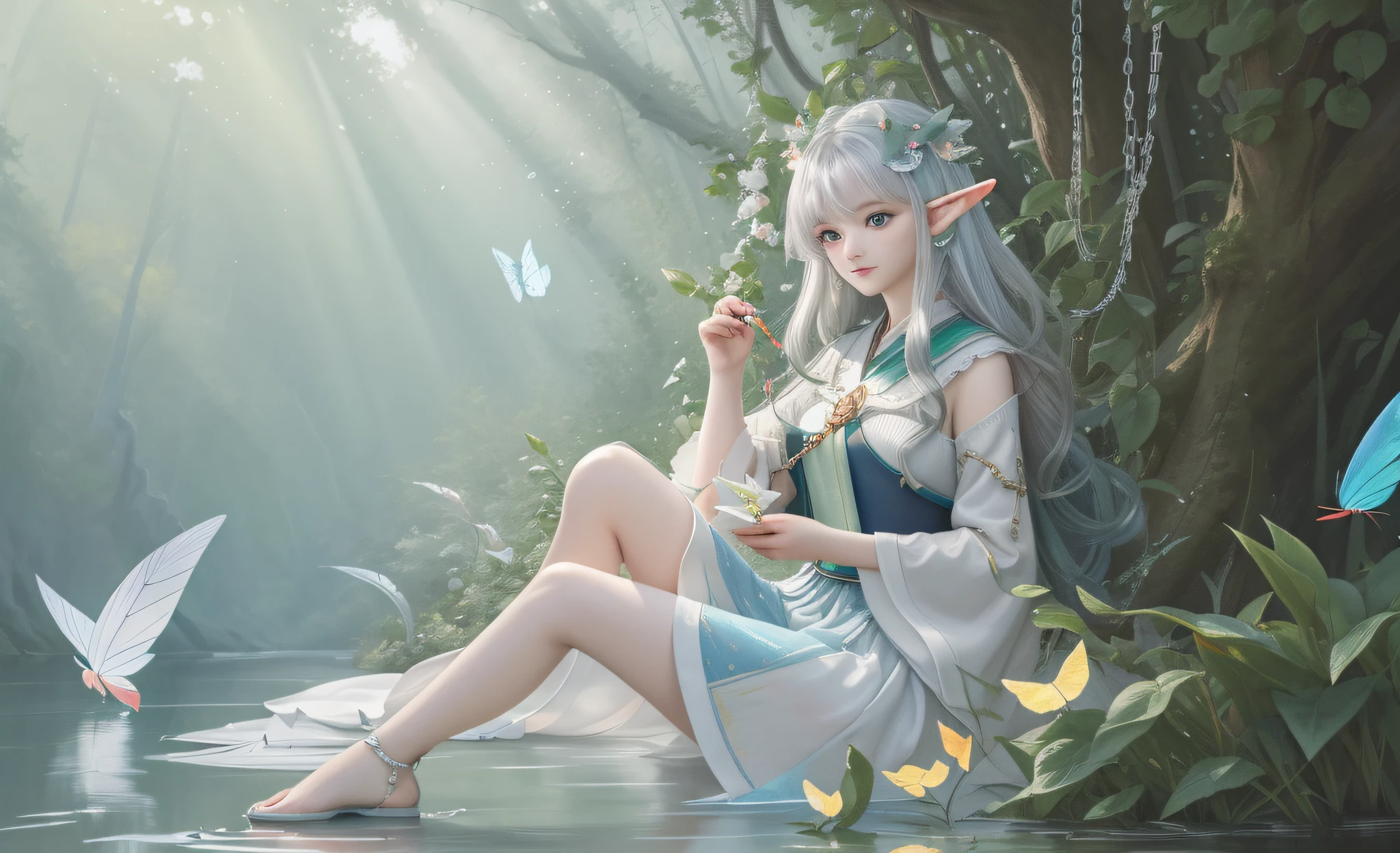 (((masterpiece))), (((best quality))), ((ultra-detailed)), (illustration), ((an extremely delicate and beautiful)),dynamic angle,floating, (beautiful detailed eyes), (detailed light) 1girl, pointy ears, long hair, water, solo, elf, sitting,half body, white hair, chain, green eyes, toeless legwear, barefoot, jewelry, looking at viewer,feather, leaves, nature, (sunlight), river, (forest),(painting),(sketch),(bloom),(portrait:1.2),(butterflys:1.2), (tyndall effect), obscure,hanfu