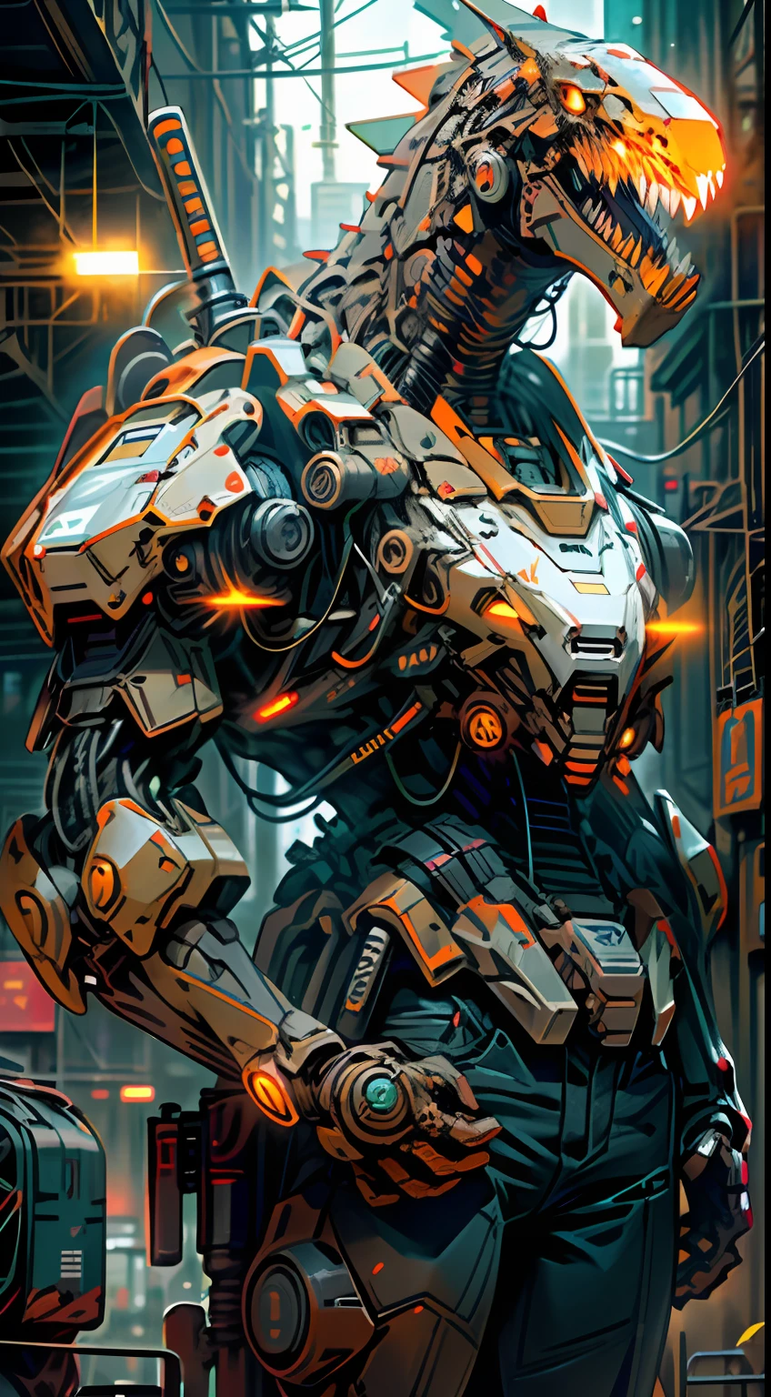 On the moon,barren planets, ruins, holding_weapon, no_humans, glowing, robot, building, glowing_eyes,dinosaurs mecha, orange mecha, science_fiction, city, realistic,mecha,Milky Way Galaxy background,neon,cyberpunk,
