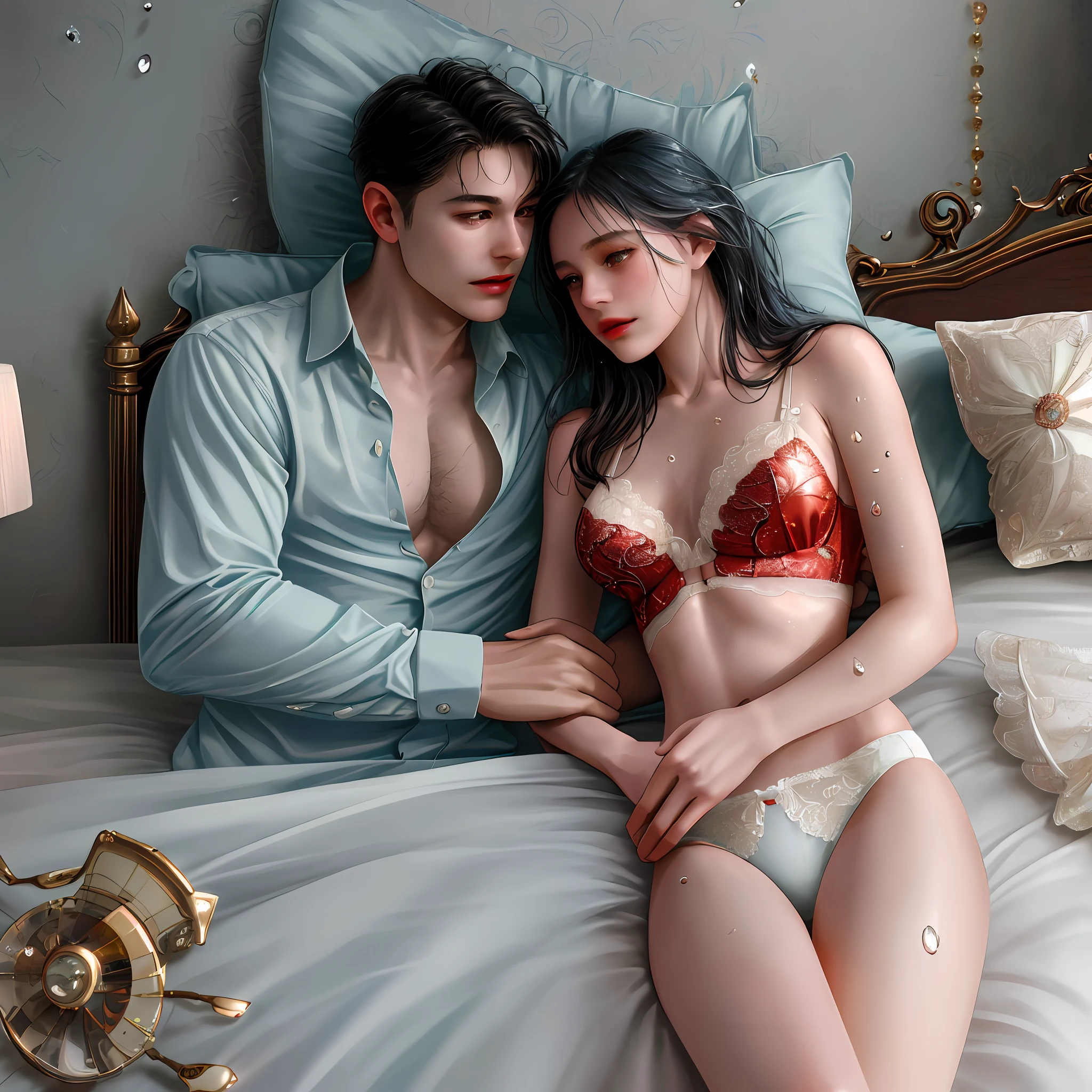 Intimate and high-quality photos of (couples:1.2) in (bed:1.1), (fascinating:1.1), sexy, passionate, exquisitely detailed, (sweat:1.1) with (glittering droplets:1.1), bedroom background, Sony Alpha 7R IV Camera, Digital Photo, f/2.8 Lens, Blue-Red Tone, , Too realistic textures, trends on social media, 1 man (bare-chested:1.2) vs. 1 woman (underwear)
