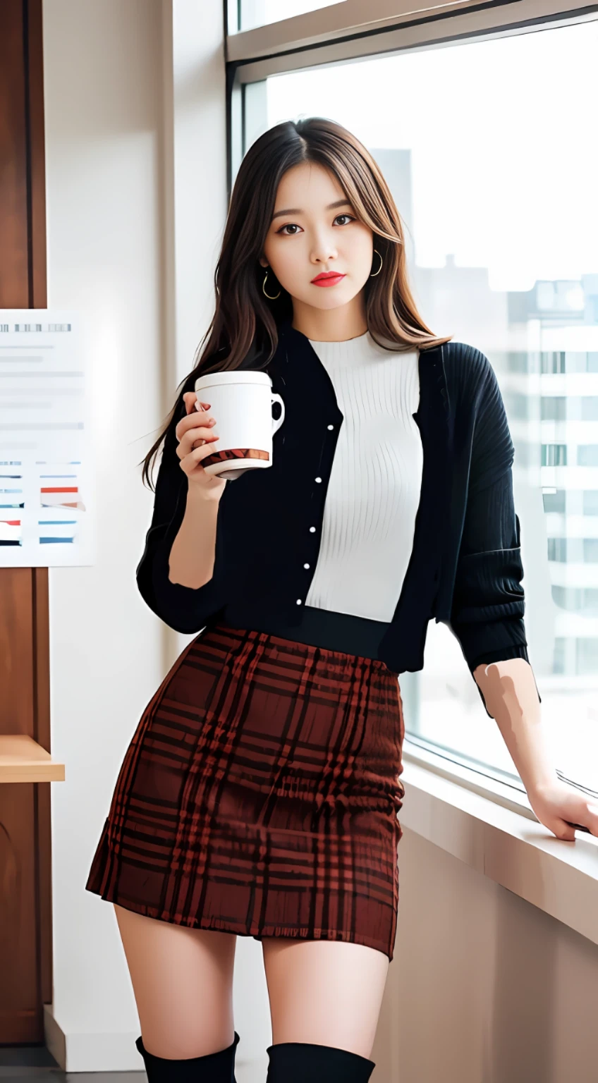 Indoors, portrait, a 25-year-old woman holding a coffee cup, black cropped knitted cardigan, arm:1, dark red narrow skirt with black plaid pattern, black knee-high suede boots, standing next to an office window
