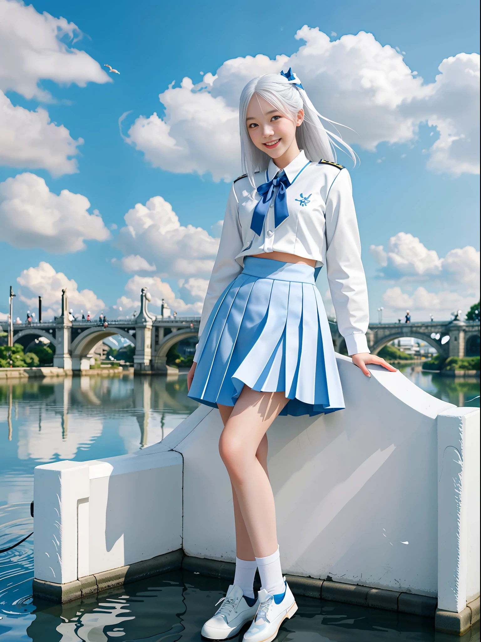 Girl, cute, smiling, perfectly matched eyes, the most beautiful person in the world, silver white hair, high school uniform, standing on the head of a koi, high quality, blue sky, white clouds, super fine, full body, symmetrical view, super detailed 8k masterpiece, best quality and high saturation