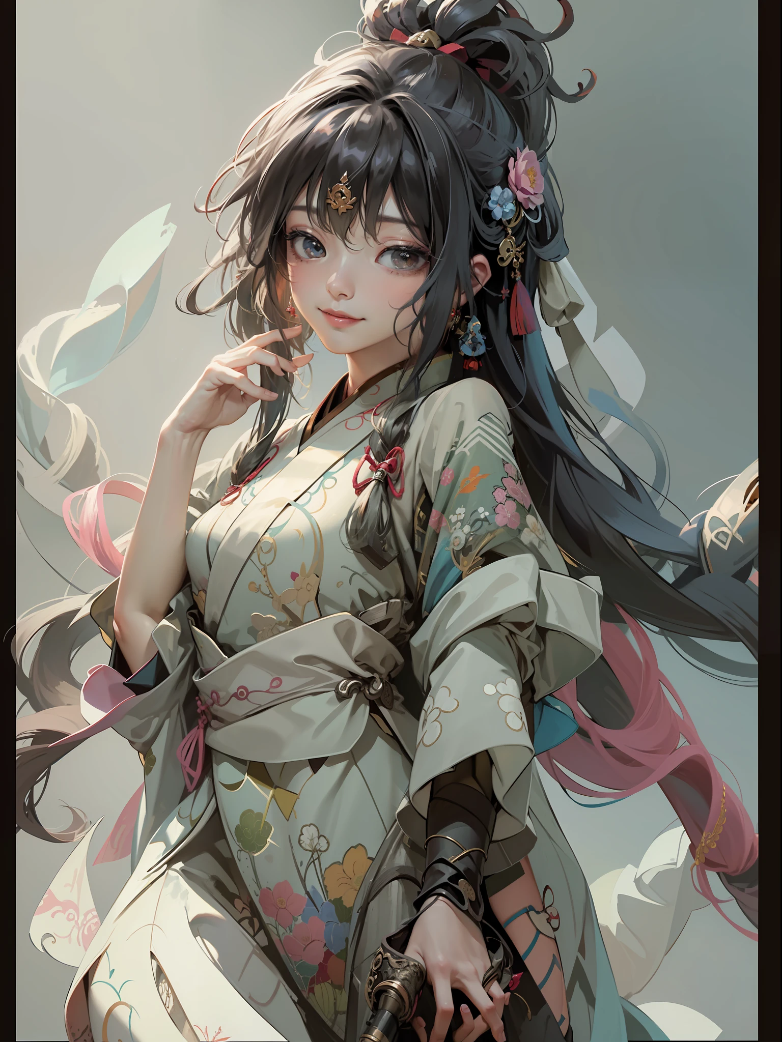 Official Art, Unified 8K Wallpapers, Ultra Detailed, Beautiful and Aesthetic, Masterpiece, Best Quality, (Zentangle, Tangle, Entangle), (fractal art: 1.4), 1girl, very detailed, dynamic angle, cowboyshot, (most beautiful form chaos), ethereal, (bright colors), oc, (full body: 0.8), china, (thangka flying sky: 1.5), (ribbon: 1.3), (dream: 1.5), (hanfu: 0.7), (smile: 0.5), (Chinese deity), upper body close-up