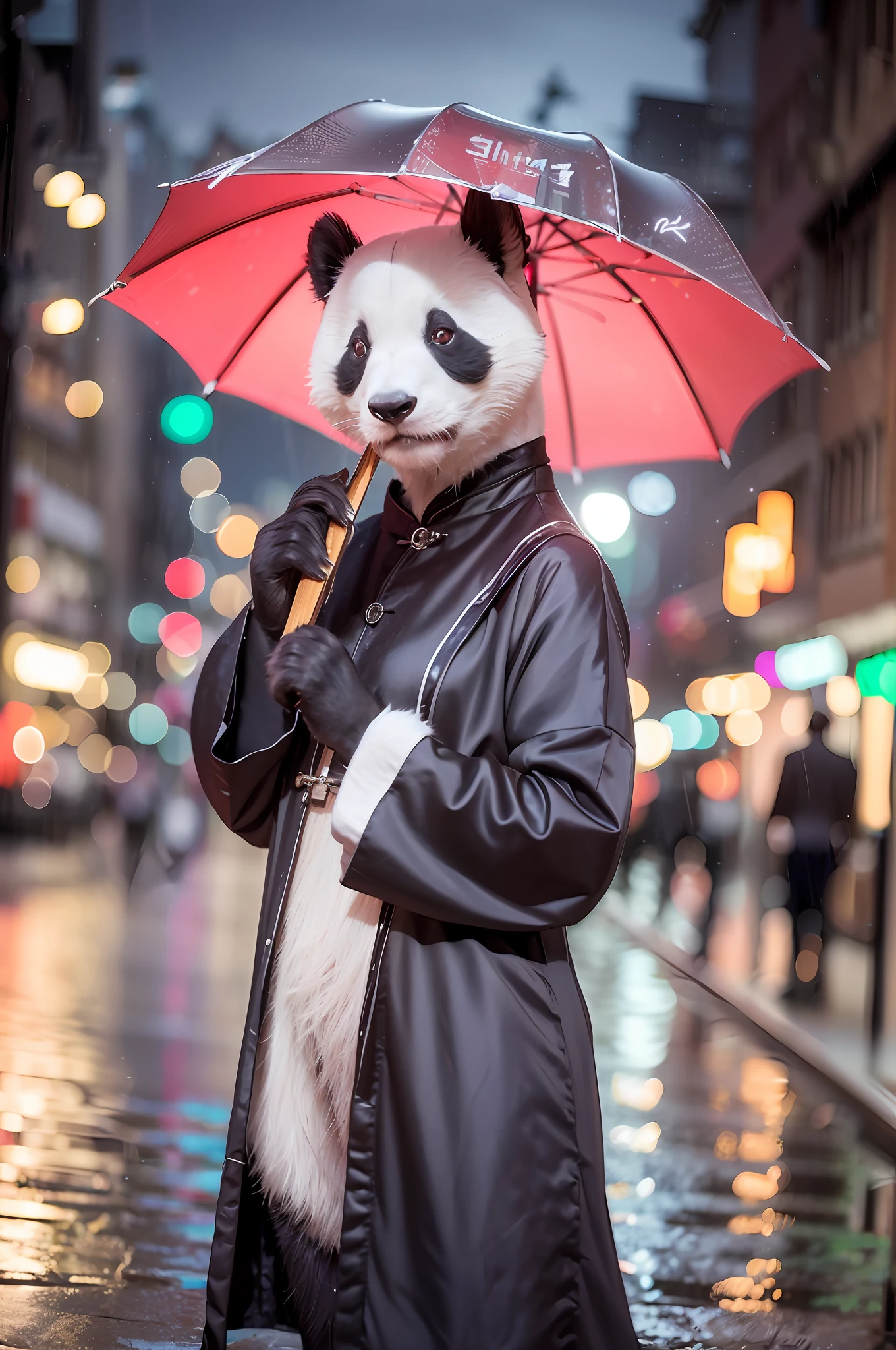 mix4, silk clothing, (8k, RAW photo, best quality, craftsmanship:1.2), (realistic, photoreal:1.37), cute, cityscape, night, rain, humidity, professional lighting, photon mapping, radiosity, physically based canal dye, a real cute panda