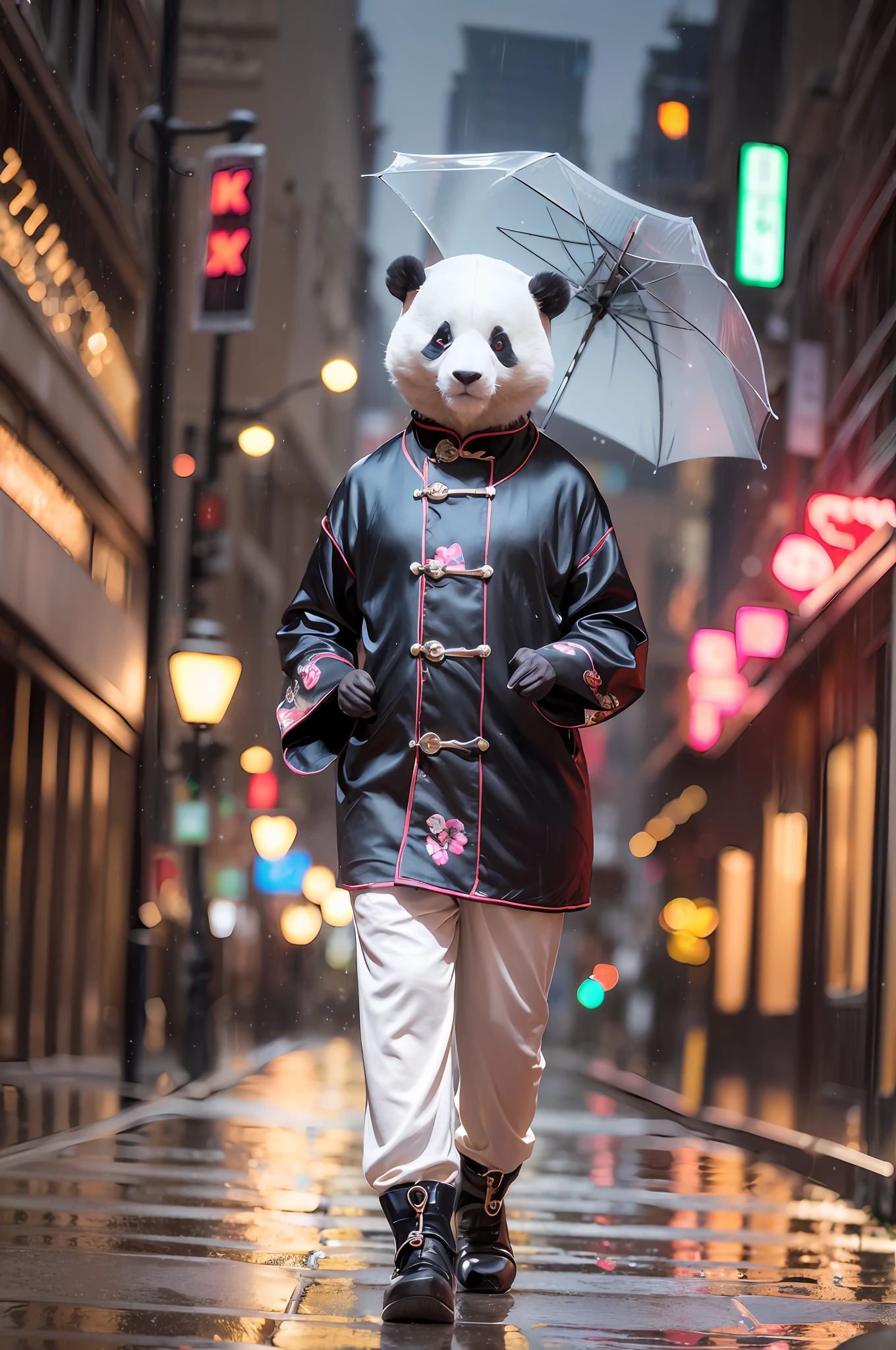 mix4, silk clothing, (8k, RAW photo, best quality, craftsmanship:1.2), (realistic, photoreal:1.37), cute, cityscape, night, rain, humidity, professional lighting, photon mapping, radiosity, physically based canal dye, a real cute panda