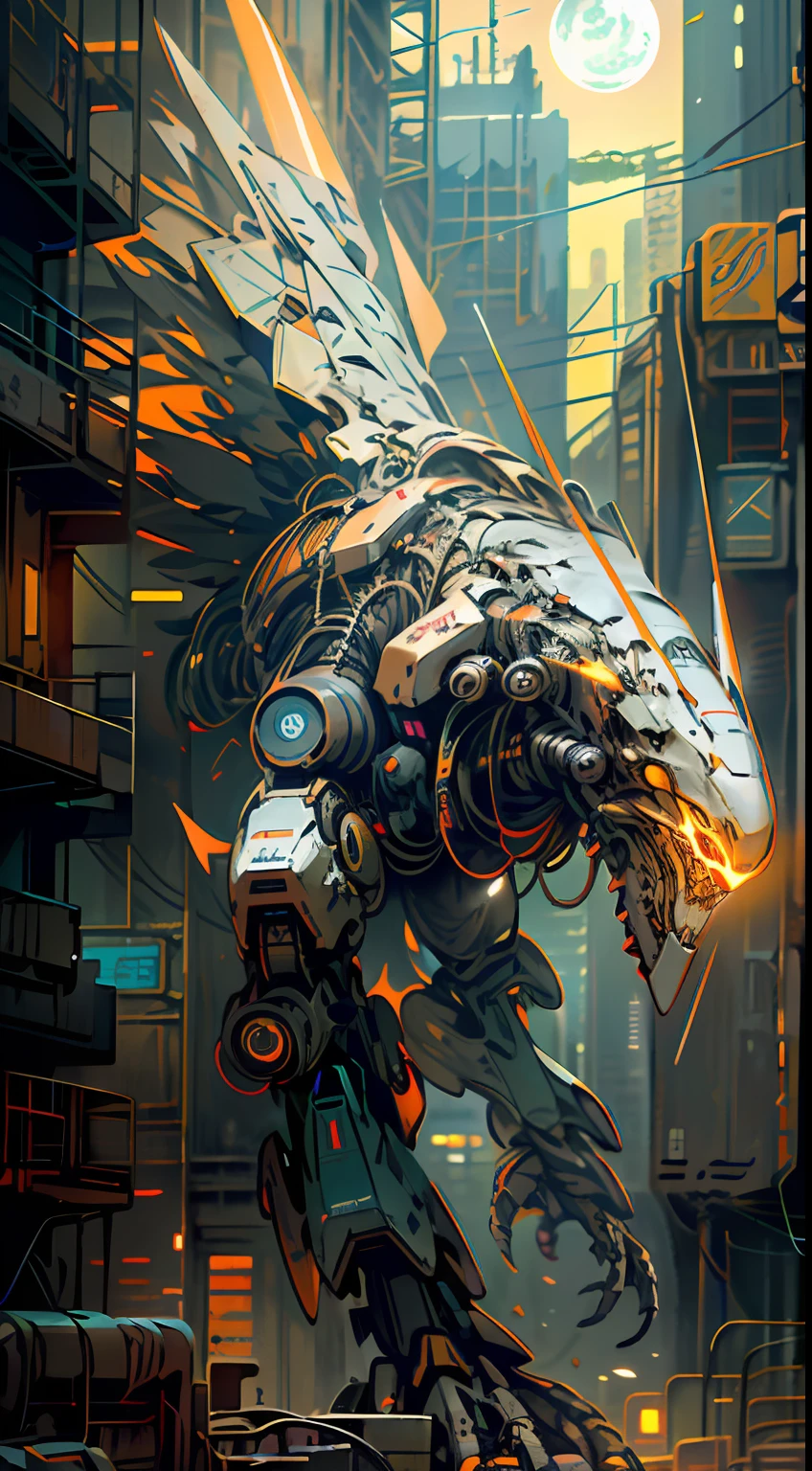 On the moon,barren planets, ruins, holding_weapon, no_humans, glowing, robot, building, glowing_eyes,bird mecha, orange mecha, science_fiction, city, realistic,mecha,Milky Way Galaxy background,neon,cyberpunk,