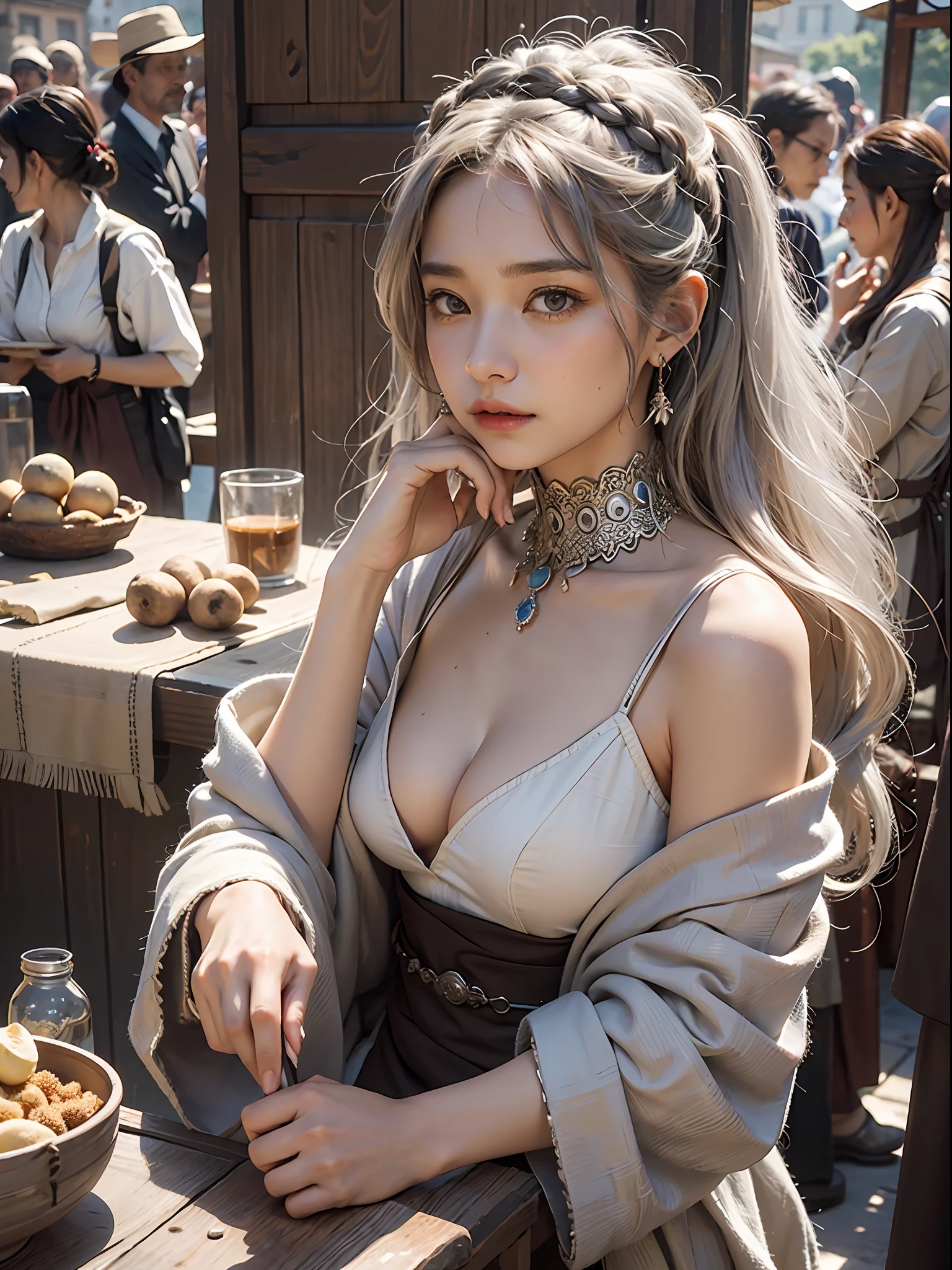 female, merchant, shrewd, observant eyes, weathered faces, silver-threaded hair, mercantile, adventurous, tired, scales, practical coverage, linen, counting hands, camel, Silk Road era, marketplace, prosperity, trade, market scene, (nsfw:0.9),