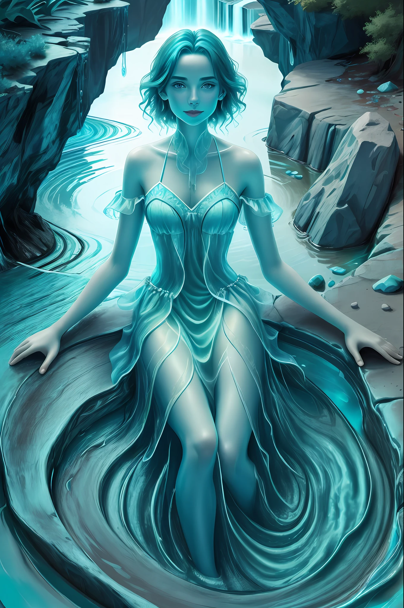 (Girl of Fullwater: 1), Smile, (Liquid Body, Liquid, Water, Blue Skin: 1), In the Waterfall, Strange Fantasy, Blue Lights, Art, Wearing a Teal Slip Dress, (Medium View), High Quality, 8k