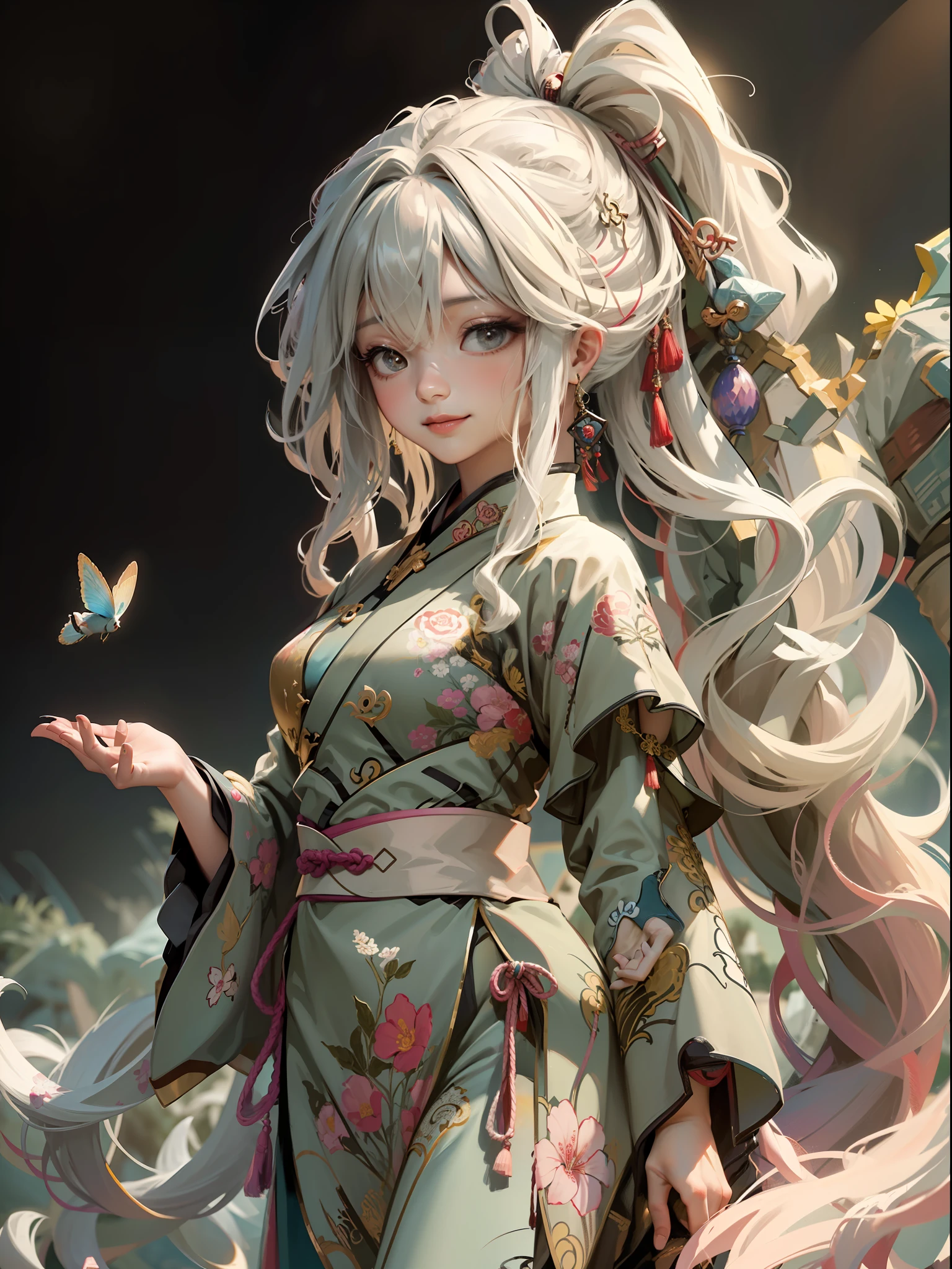 Official Art, Unified 8K Wallpapers, Ultra Detailed, Beautiful and Aesthetic, Masterpiece, Best Quality, (Zentangle, Tangle, Entangle), (fractal art: 1.4), 1girl, very detailed, dynamic angle, cowboyshot, (most beautiful form chaos), ethereal, (bright colors), oc, (full body: 0.8), china, (thangka flying sky: 1.5), (ribbon: 1.3), (dream: 1.5), (hanfu: 0.7), (smile: 0.5), (Chinese deity), upper body close-up
