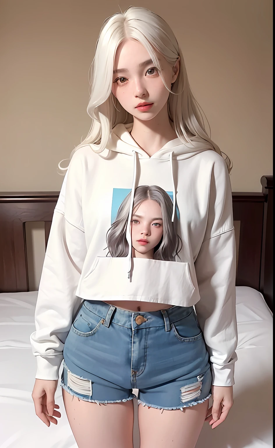 photorealistic, highres, best quality, 1girl, long wavy white hair, pale chinese, heterochromia eyes, mole below eye, thick eyebrows, freckles, hoodie, shorts, small waist, largest thighs, thigh gap, on bed