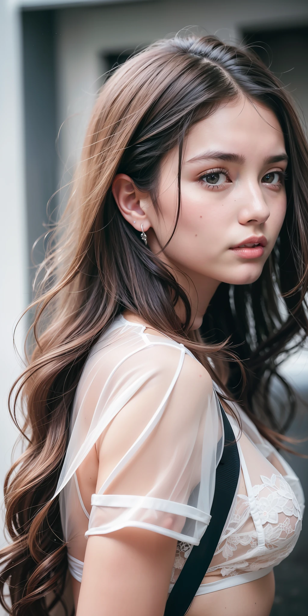 Full face portrait photo of a 25-year-old European girl, RAW, beautiful woman, half-open strawberry lips, dimples, longing look, (extra-long wavy brown hair), (detailed face)), (detailed facial features)), (fine skin), pale skin, (wearing transparent white fluttering tulle) (no underwear), cyberpunk big city environment, (cool tones), damp, damp, reflective, (Masterpiece) (Perfect Proportion) (Realistic Photo) (Best Quality) (Detailed) Shot on Canon EOS R5, 50mm Lens, F/2.8, HDR, (8k) (Wallpaper) (Cinematic Lighting) (Dramatic Lighting) (Sharp Focus) (Complex), RAW Photo, RAW Photo, Gigachad Photo, Pose Camera, Black Jeans, Back Arm, 8k Ultra HD, DSLR, High Quality, Grain Film, Fujifilm XT3