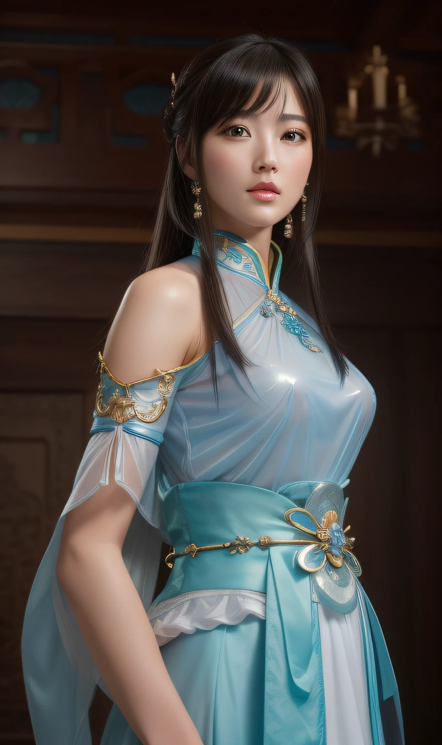 a close up of a woman in a blue dress with a sword, game cg, yun ling, full body xianxia, portrait knights of zodiac girl, trending on cgstation, inspired by Li Mei-shu, inspired by Leng Mei, inspired by Lan Ying, xianxia, 3 d anime realistic, xision wu, beautiful render of tang dynasty, (masterpiece:1.4), (8k, photorealistic, RAW photo, best quality: 1.4), japanese, beautiful face, (realistic face:1.4), (high detailed hair:1.3), beautiful hairstyle, realistic eyes, beautiful detailed eyes, (realistic skin:1.3), beautiful skin, attractive, ultra high res, ultra realistic, highly detailed, golden ratio, (detailed face:1.4), (realistic big breasts:1.4), (braless:1.4), perky_nipples, (see-through outfit, transparent outfit :1.2), (nsfw:1.25), (pink lips),