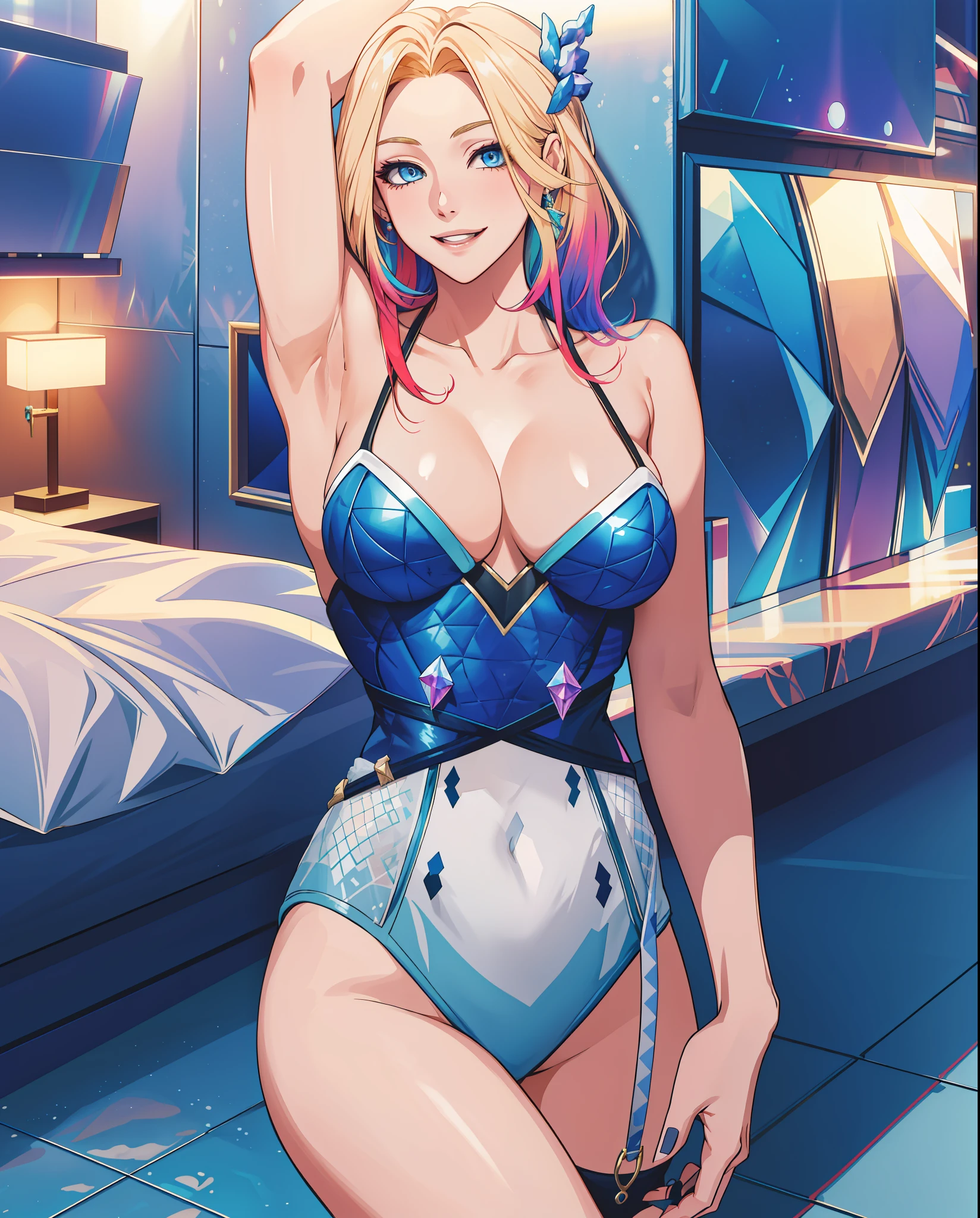 masterpiece, best quality, highres, ahri1, 1girl, solo, Blonde hair, k/da \(league of legends\), multicolored hair, blue eyes, two-tone hair, large breasts, busty body, micro bikini, smile, standing