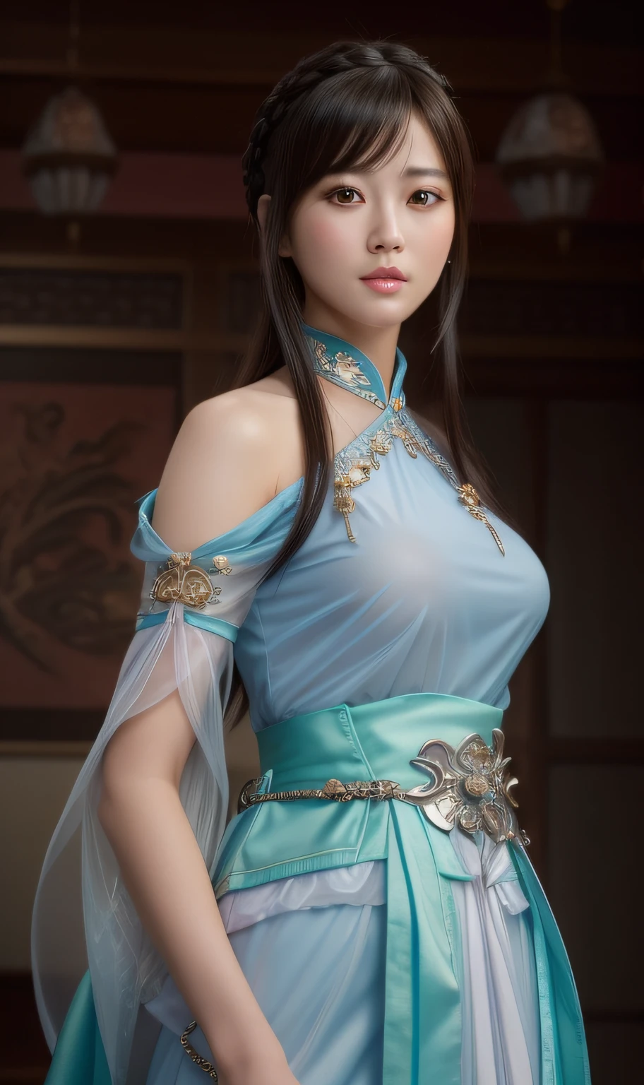 a close up of a woman in a blue dress with a sword, game cg, yun ling, full body xianxia, portrait knights of zodiac girl, trending on cgstation, inspired by Li Mei-shu, inspired by Leng Mei, inspired by Lan Ying, xianxia, 3 d anime realistic, xision wu, beautiful render of tang dynasty, (masterpiece:1.4), (8k, photorealistic, RAW photo, best quality: 1.4), japanese, beautiful face, (realistic face:1.4), (high detailed hair:1.3), beautiful hairstyle, realistic eyes, beautiful detailed eyes, (realistic skin:1.3), beautiful skin, attractive, ultra high res, ultra realistic, highly detailed, golden ratio, (detailed face:1.4), (realistic big breasts:1.4), (braless:1.4), perky_nipples, (see-through outfit, transparent outfit :1.2), (nsfw:1.25), (pink lips),