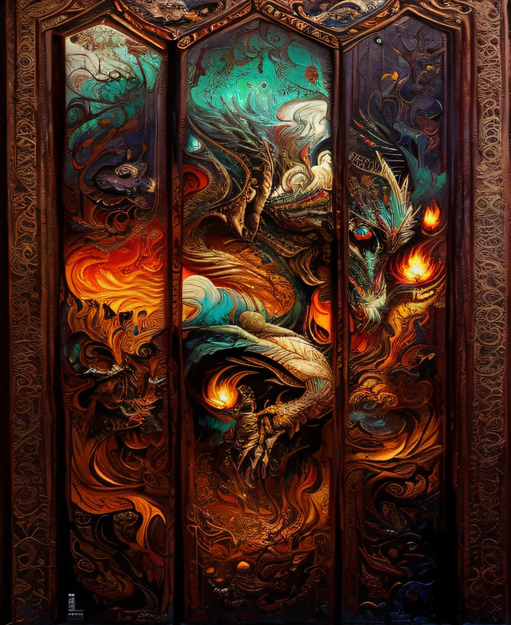There is a painting of a dragon and a demon on a canvas, intricate fantasy painting, intricate oil painting art, intricate detailed painting, intricate detailed oil painting, intricate oil painting, unique and intricate painting, intricate painting, very intricate art, beautiful intricate painting, intricate organic painting, highly detailed dark art, insanely detailed art,