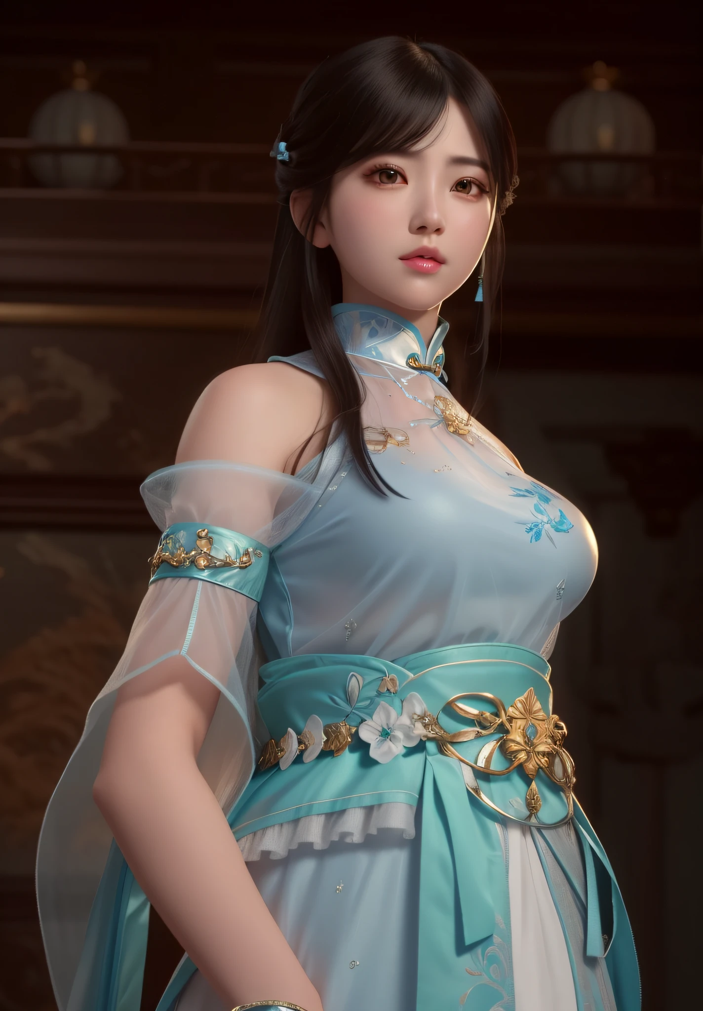 a close up of a woman in a blue dress with a sword, game cg, yun ling, full body xianxia, portrait knights of zodiac girl, trending on cgstation, inspired by Li Mei-shu, inspired by Leng Mei, inspired by Lan Ying, xianxia, 3 d anime realistic, xision wu, beautiful render of tang dynasty, (masterpiece:1.4), (8k, photorealistic, RAW photo, best quality: 1.4), japanese, beautiful face, (realistic face:1.4), (high detailed hair:1.3), beautiful hairstyle, realistic eyes, beautiful detailed eyes, (realistic skin:1.3), beautiful skin, attractive, ultra high res, ultra realistic, highly detailed, golden ratio, (detailed face:1.4), (realistic big breasts:1.4), (braless:1.4), perky_nipples, (see-through outfit, transparent outfit :1.2), (nsfw:1.25), (pink lips), (slender body:1.2)