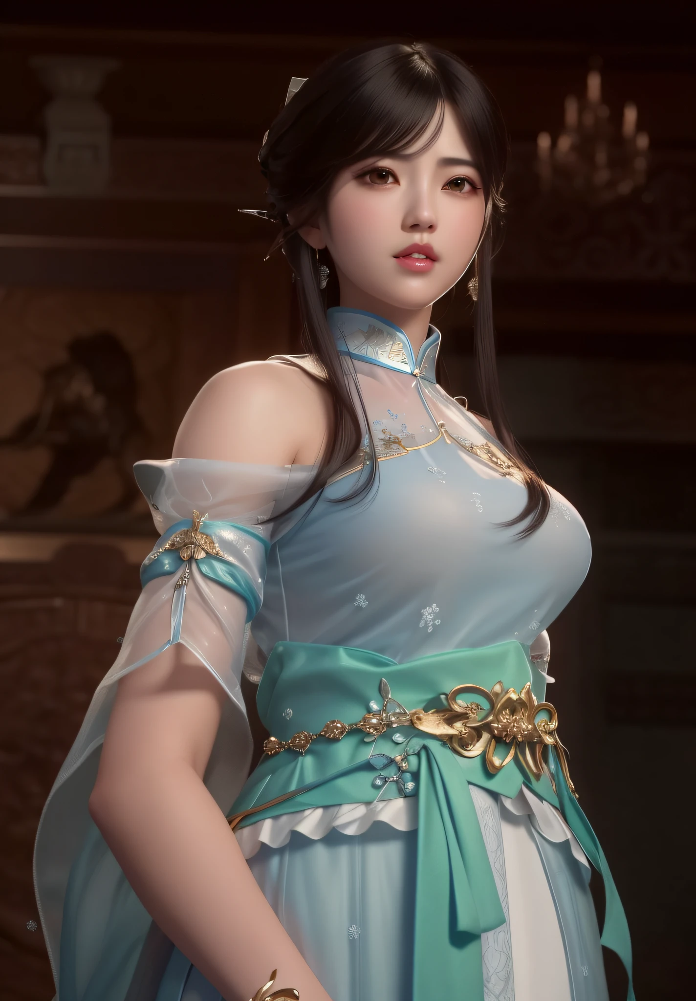 a close up of a woman in a blue dress with a sword, game cg, yun ling, full body xianxia, portrait knights of zodiac girl, trending on cgstation, inspired by Li Mei-shu, inspired by Leng Mei, inspired by Lan Ying, xianxia, 3 d anime realistic, xision wu, beautiful render of tang dynasty, (masterpiece:1.4), (8k, photorealistic, RAW photo, best quality: 1.4), japanese, beautiful face, (realistic face:1.4), (high detailed hair:1.3), beautiful hairstyle, realistic eyes, beautiful detailed eyes, (realistic skin:1.3), beautiful skin, attractive, ultra high res, ultra realistic, highly detailed, golden ratio, (detailed face:1.4), (realistic big breasts:1.4), (braless:1.4), perky_nipples, (see-through outfit, transparent outfit :1.2), (nsfw:1.25), (pink lips), (slender body:1.2)