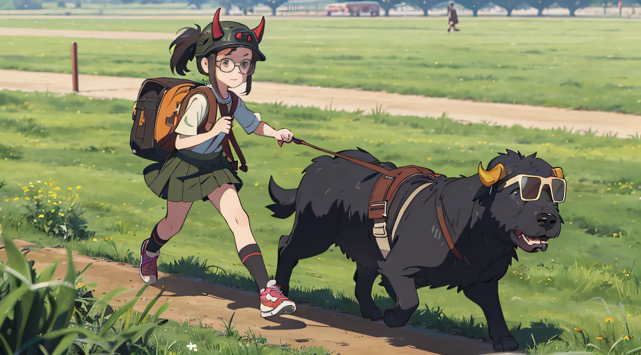 -year girl bull demon helmet, carrying olive green backpack, denim strap skirt, black-framed glasses, and puppy running on grass, full body shot, three views, Pux style-ar 16:9 --auto --s2