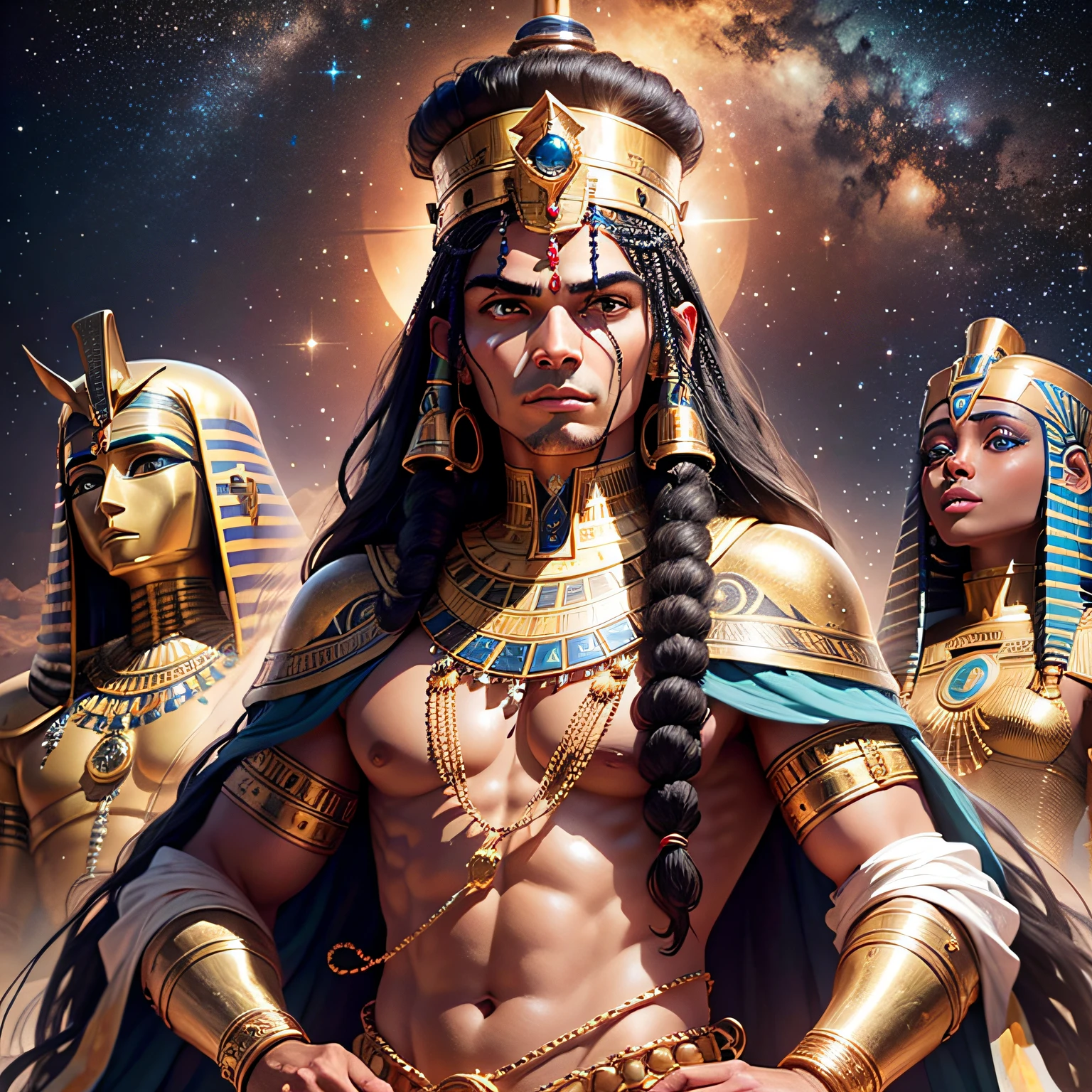 image horus god of egypt convesardo with a beautiful egyptian queen a Goddess with the starry sky 4k showing all his glass with foma of God in high resolution --auto --s2