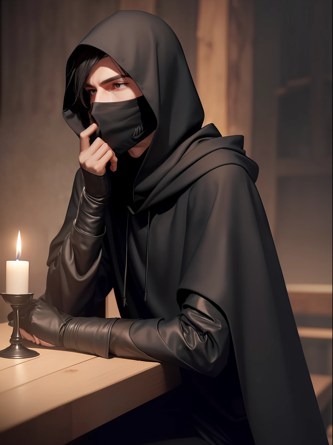 A thin, tall, handsome young man in a black cloak with a hood covering his face completely, ((the hood covers his face completely to the lips)), (hands in black gloves), a completely hooded face, sitting at a table in a medieval tavern in the dark with candles