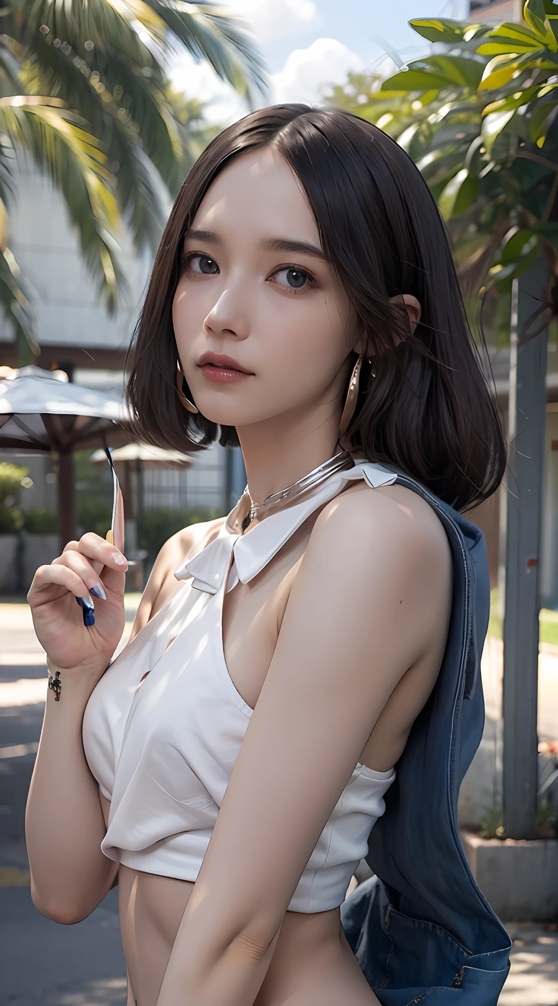 ((Top Quality, 8k, Masterpiece: 1.3)), Sharp Focus: 1.2, Perfect Body Shape Pretty Woman: 1.4, Slender Abs: 1.2, ((Dark Brown Hair, Huge Breasts: 1.4)), (Wearing a Swimsuit, Jean: 1.1), Urban Area: 1.2, Highly Detailed Face and Skin Texture, Detailed Eyes, Double Eyelids