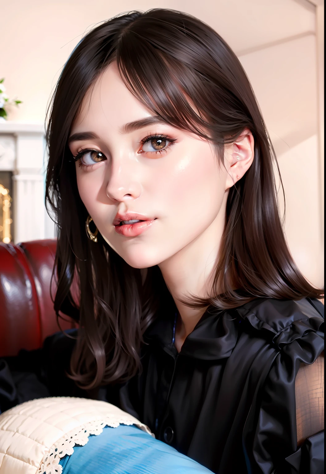 (wide angle), half-length portraits, lipstick, eyelashes, (open lips), sofa, fireplace, look at the viewer, best quality, ultra high resolution, (photorealistic: 1.4), (detailed face and eyes),