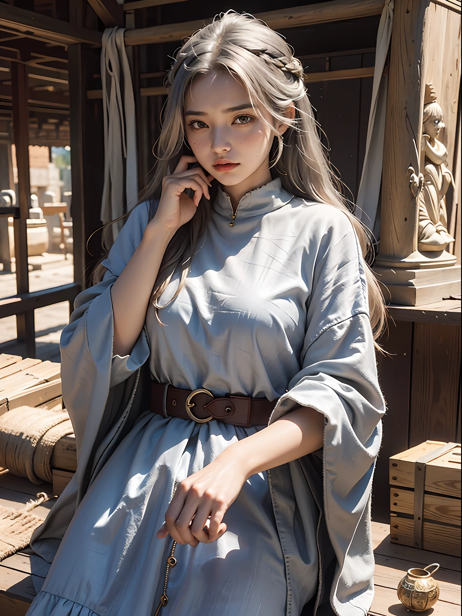 female, merchant, shrewd, observant eyes, weathered faces, silver-threaded hair, mercantile, adventurous, tired, scales, practical coverage, linen, counting hands, camel, Silk Road era, marketplace, prosperity, trade, market scene, (nsfw:0.9),