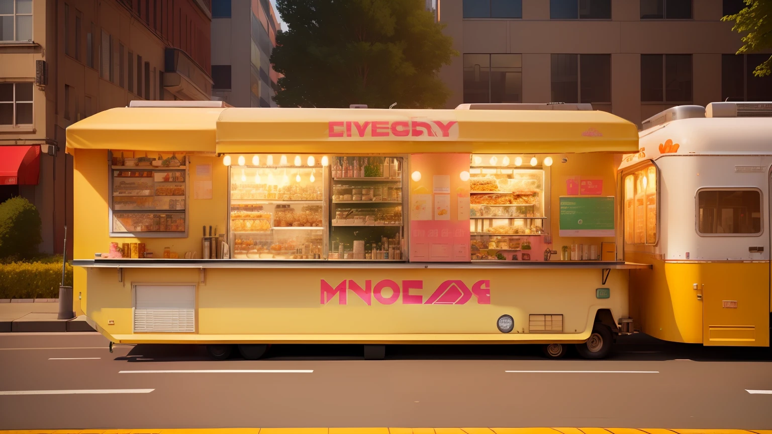 ((high quality)), ((masterpiece)), 8k, there are two food trucks parked on the side of the road, Loepfe art style, pink bodywork, fashion dazzling, food stall, light, extremely detailed CG unity 8k wallpaper, game cg, food stall, food truck, food, lights, signboard, light box,