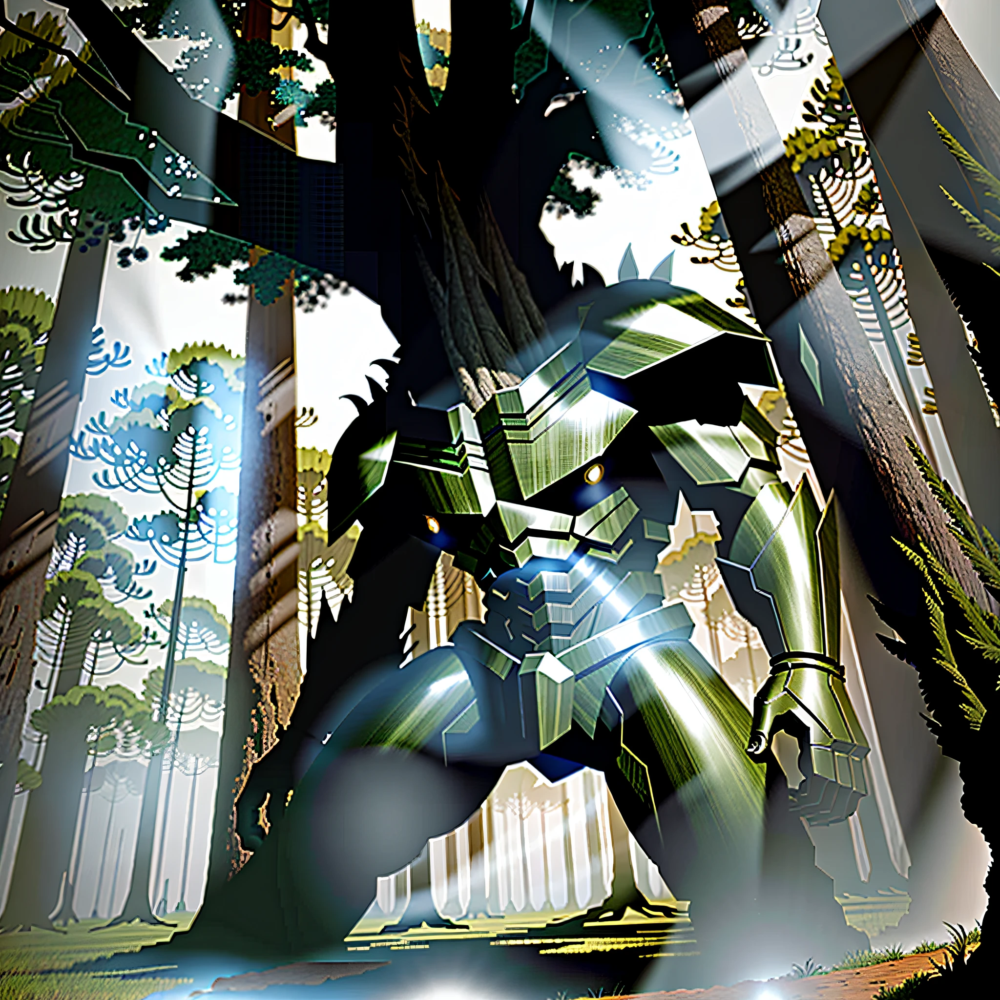 Monster tree with trunk armor. Cinematic lights, cinematic shadows, ultra detailed, artwork, magnificent quality, animated and dynamic pose