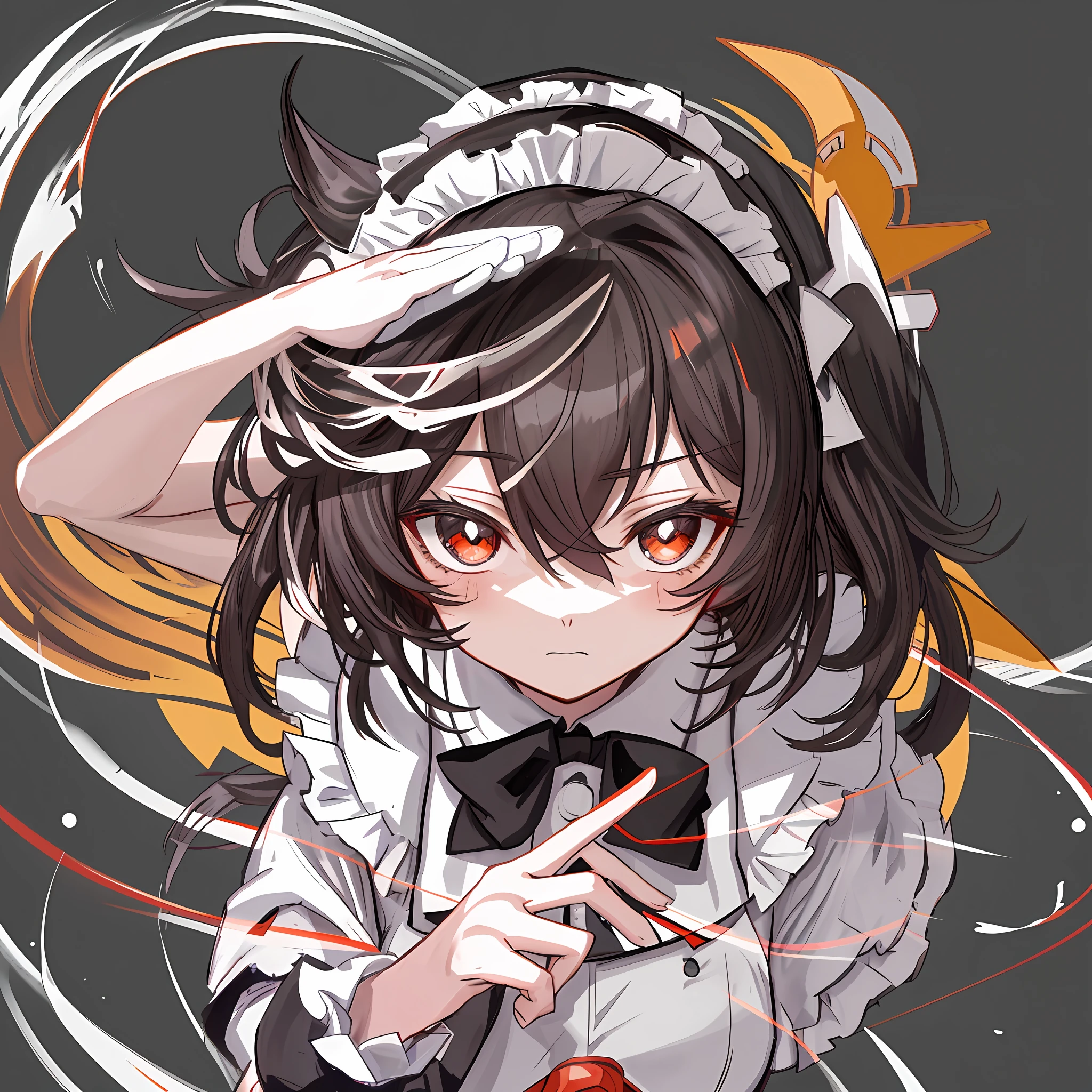 Close-up of a person wearing a hat and bow tie, Kantai collection style, black and white manga style, anime shadow), with index finger, salute, Akane Owari projectile on break, Kamoe Yandi, , black and white manga panel, heavy gesture style close-up, anime maid SS army, and her expression solemn
