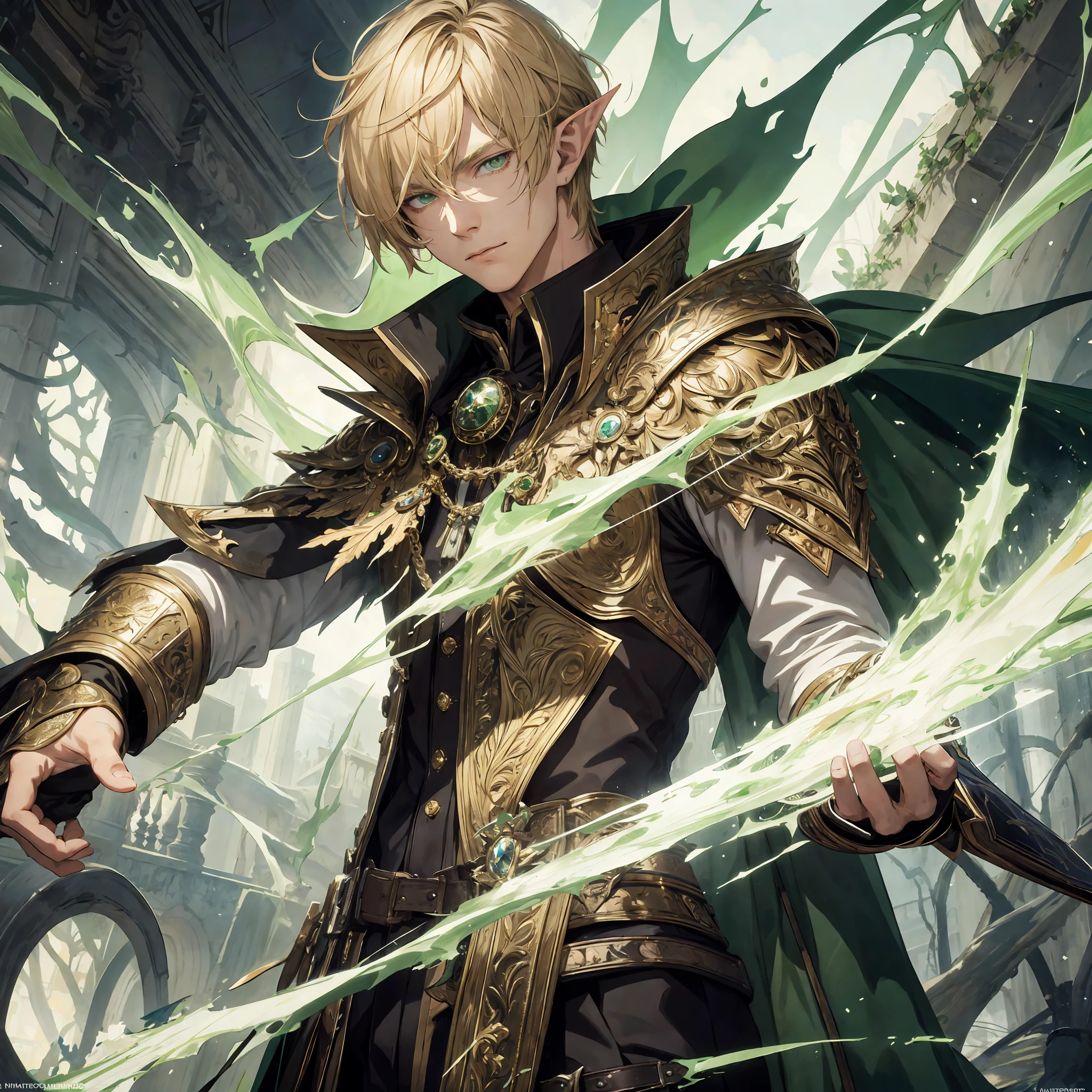 masterpiece, best quality, 1man, adult, male focus, solo, medium blonde hair, vibrant green eyes, looking at viewer, cape, High quality metal texture, overcoat, closed mouth, bangs, high collar,(kbxll:0.6), Fantasy aesthetics, Highly detailed, shadowverse style, executor outfit, elf ear, fix hands