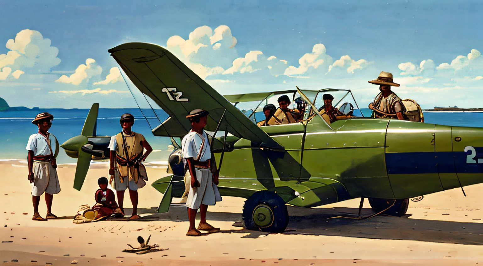 The explorers, disoriented and uncertain about where they were, still close to the small plane landed on the sand, saw the island. They were received with curiosity and caution by the Indians. --auto --s2