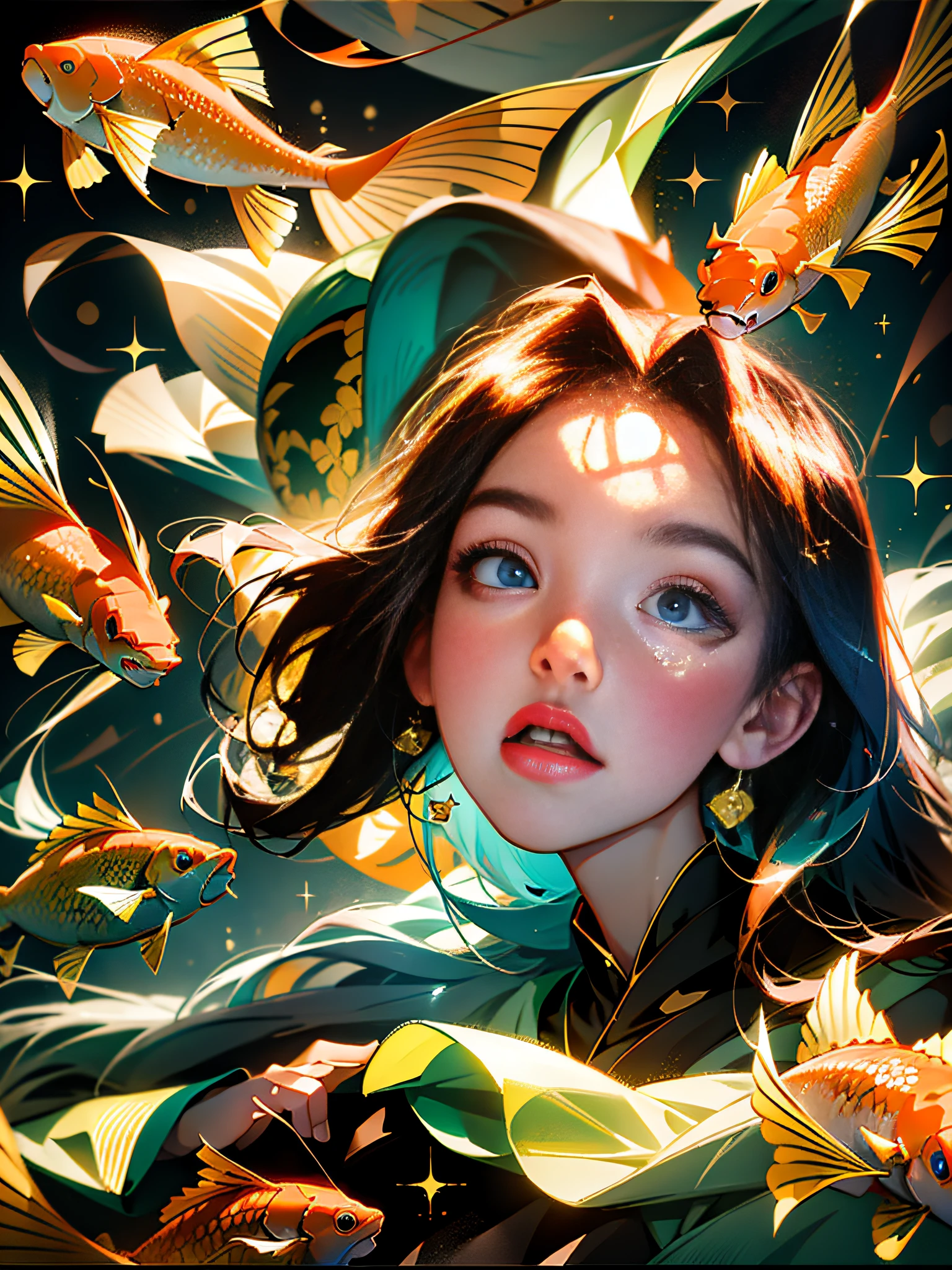 Masterpiece, best quality, super high resolution, detail, cinematic camera, sexy 1 girl, long shiny colored hair, hair develops beautifully in different directions, big beautiful eyes, gaze directed upwards with curiosity, curious look, tight translucent clothes, you can see the whole body, in full growth, koi carps swim in the air above the girl's head, koi carps swim in space, glowing bubbles soar, arm scale coordination, leg scale coordination, detailed face, detailed body, detailed arms, detailed legs, correct number of fingers, fluorescent bubbles